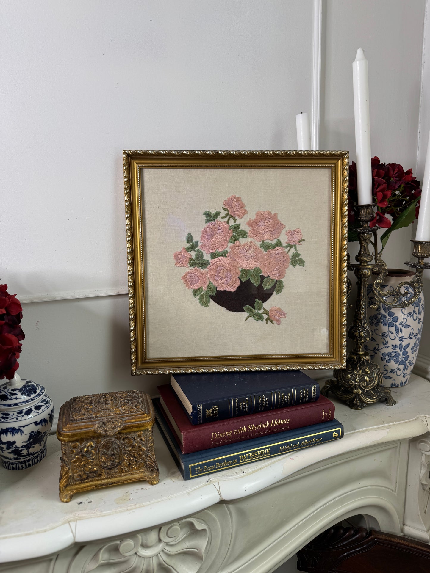 Blush & Bloom – Vintage Embroidered Pink Bouquet in Gilt Frame
