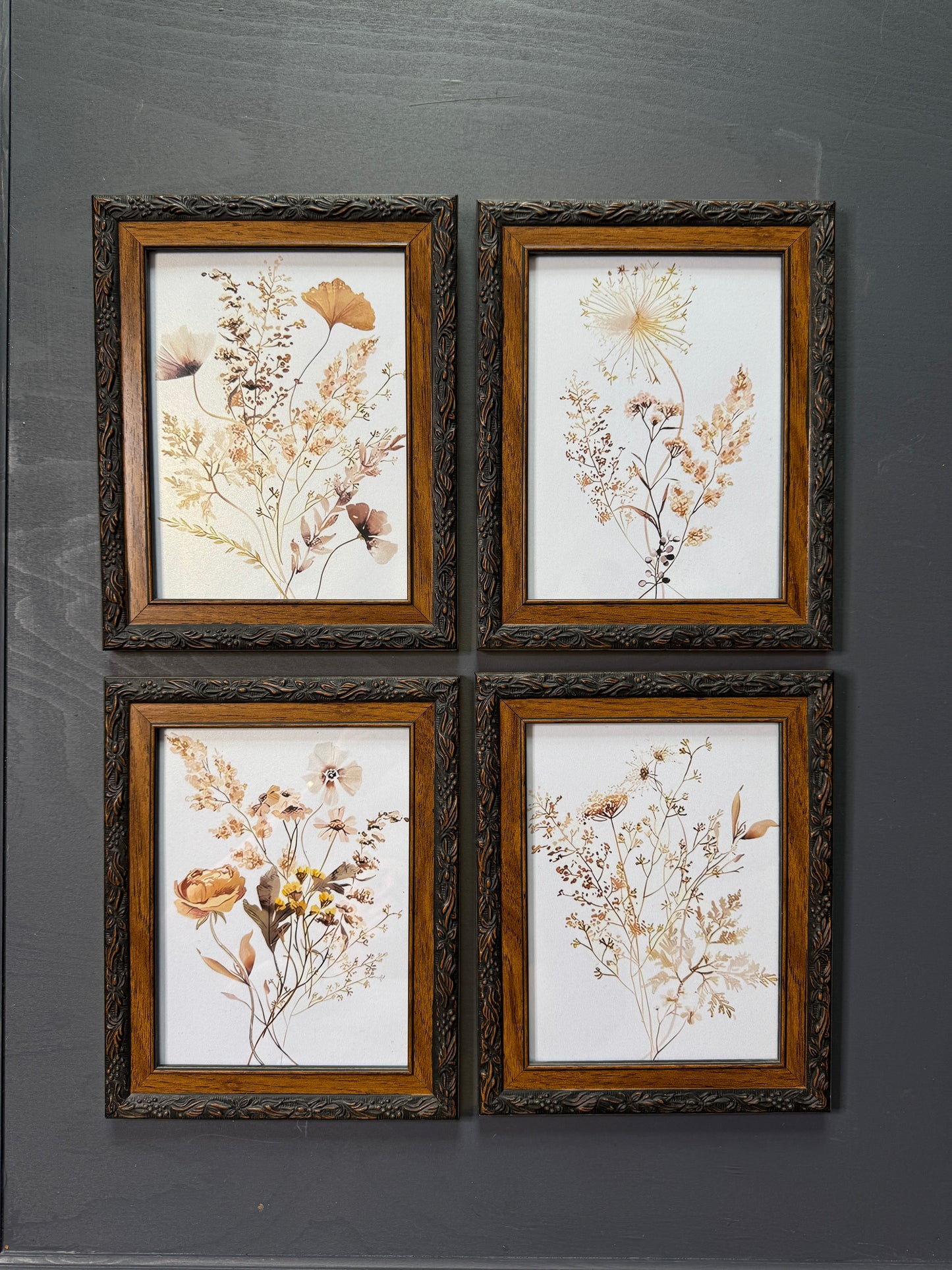 Floral Reverie – Vintage Gallery Wall Set in Wooden Carved Frames