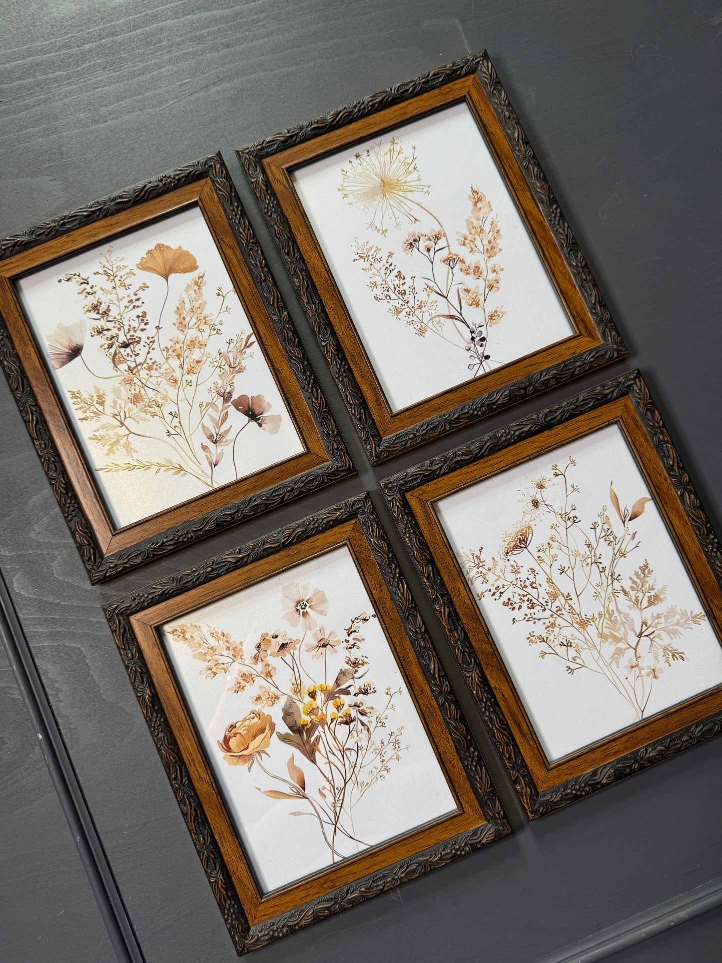 Floral Reverie – Vintage Gallery Wall Set in Wooden Carved Frames