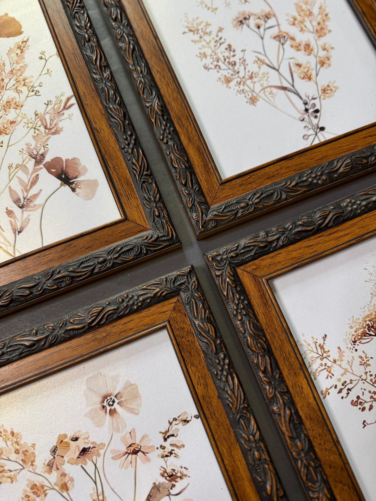 Floral Reverie – Vintage Gallery Wall Set in Wooden Carved Frames
