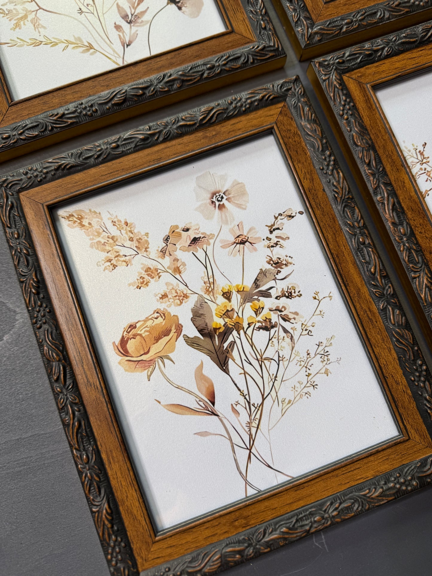 Floral Reverie – Vintage Gallery Wall Set in Wooden Carved Frames