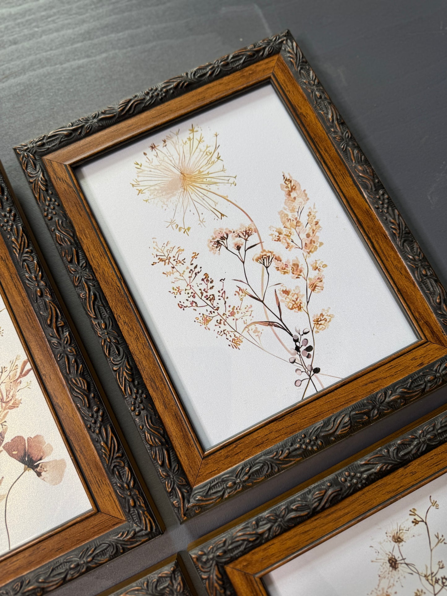 Floral Reverie – Vintage Gallery Wall Set in Wooden Carved Frames