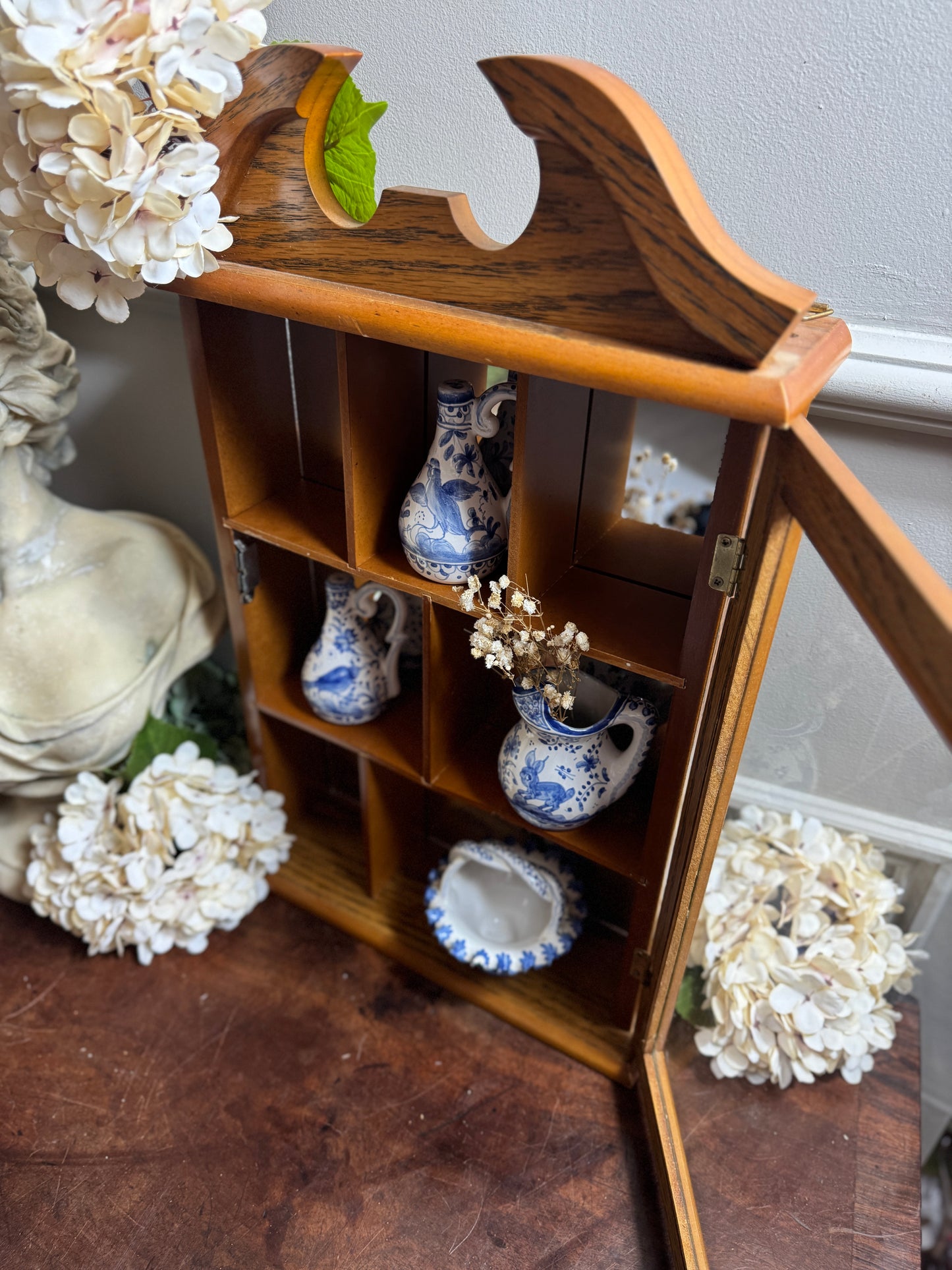 Vintage Wooden Wall Display Cabinet – Glass Fronted Trinket Shelf with Mirror Back