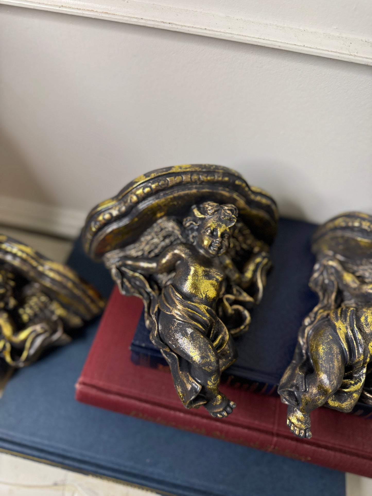 Baroque Antique Gold Cherub Wall Scones in Vintage Box