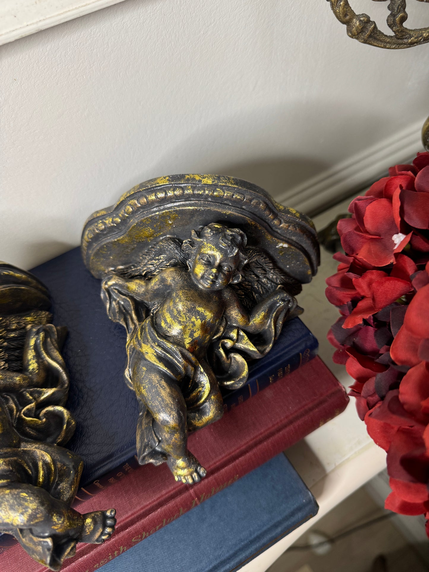Baroque Antique Gold Cherub Wall Scones in Vintage Box
