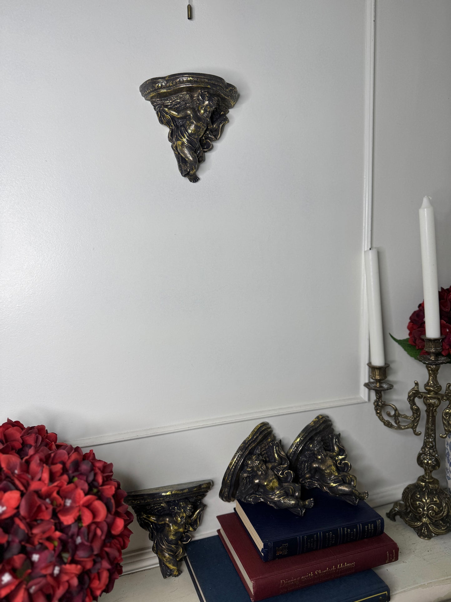 Baroque Antique Gold Cherub Wall Scones in Vintage Box