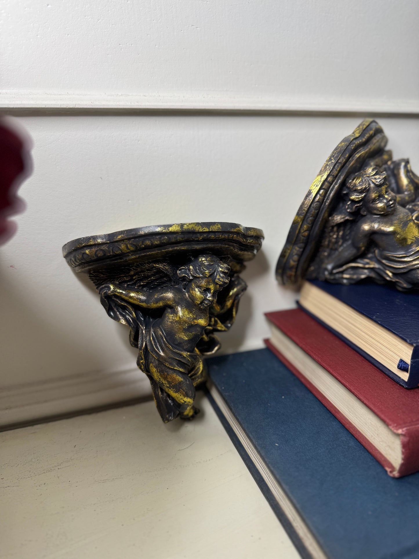 Baroque Antique Gold Cherub Wall Scones in Vintage Box