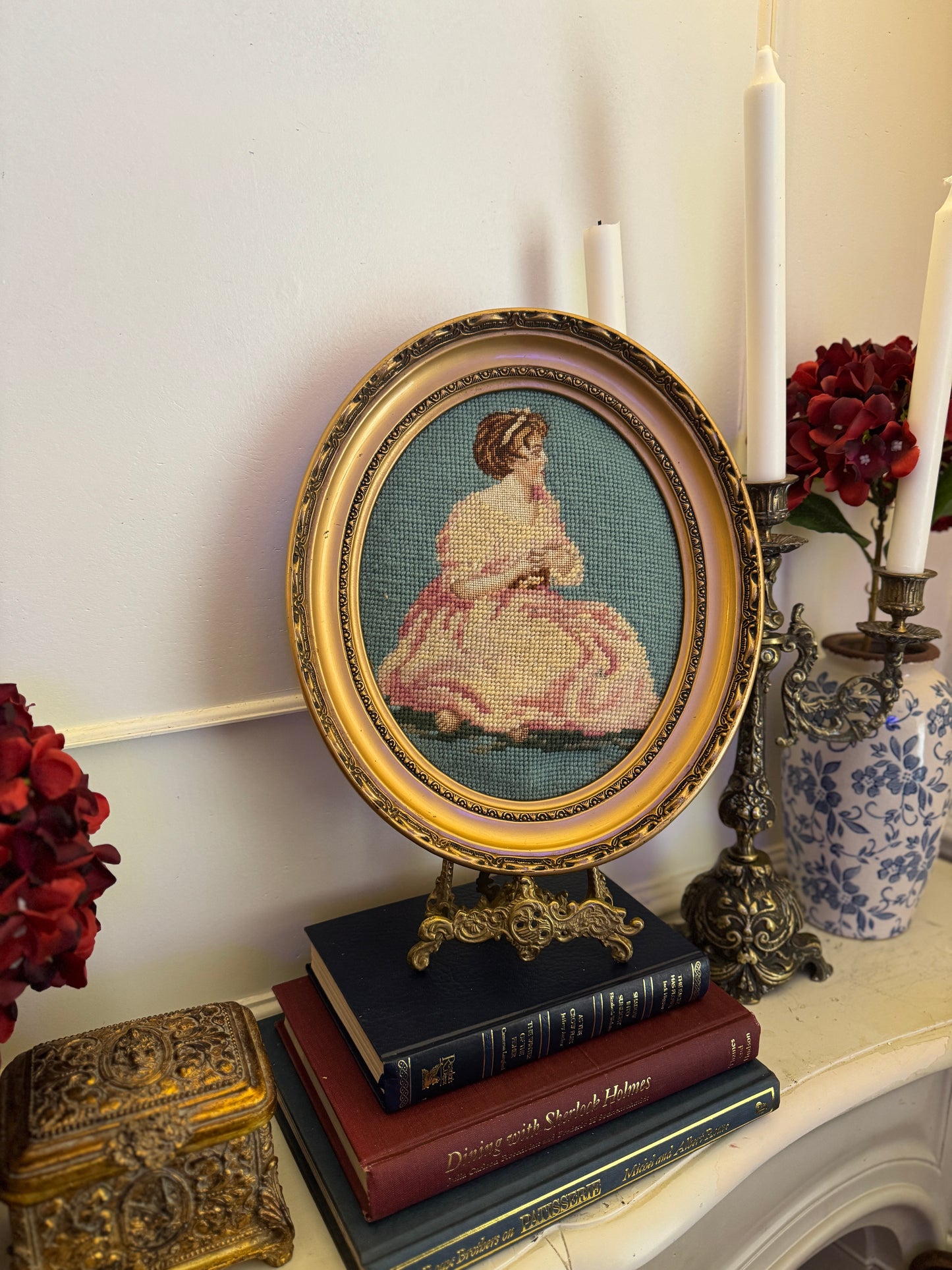 Cannes Oval Gold Resin Frame with Vintage Embroidery Artwork