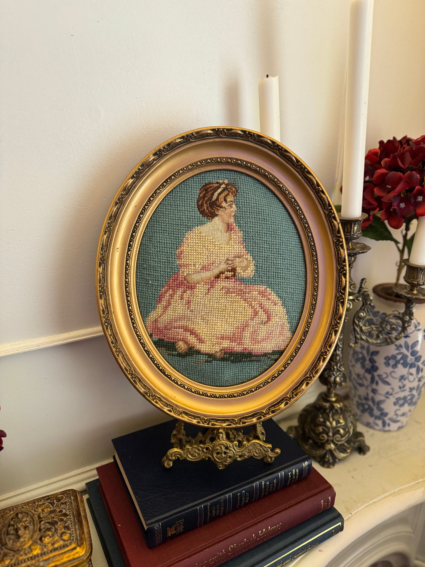 Cannes Oval Gold Resin Frame with Vintage Embroidery Artwork