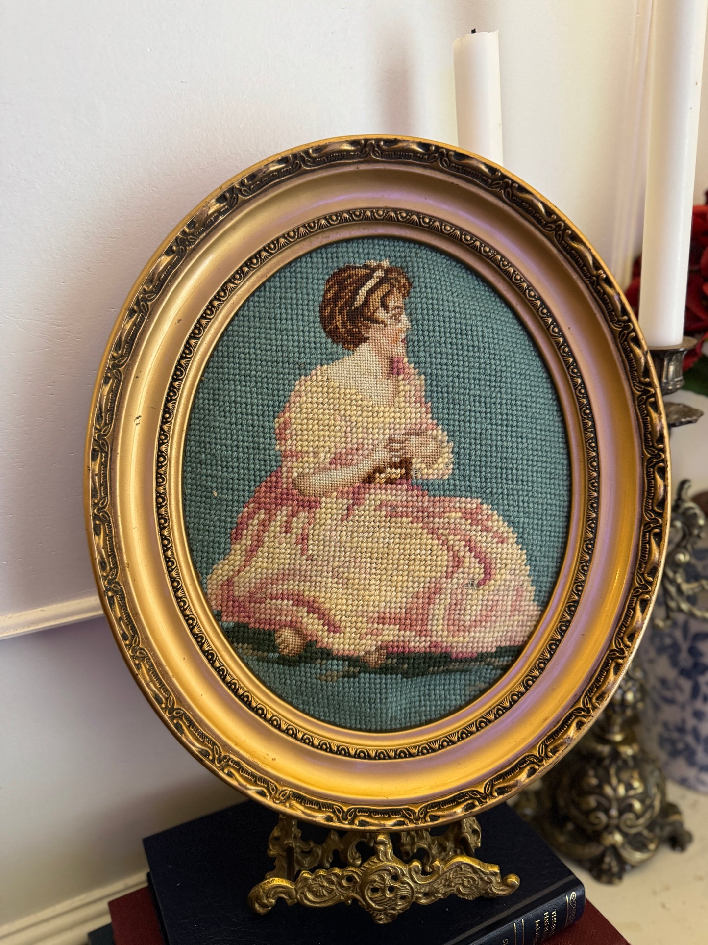 Cannes Oval Gold Resin Frame with Vintage Embroidery Artwork