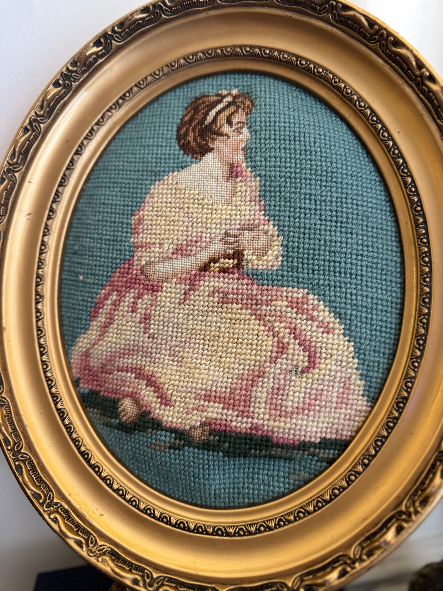Cannes Oval Gold Resin Frame with Vintage Embroidery Artwork