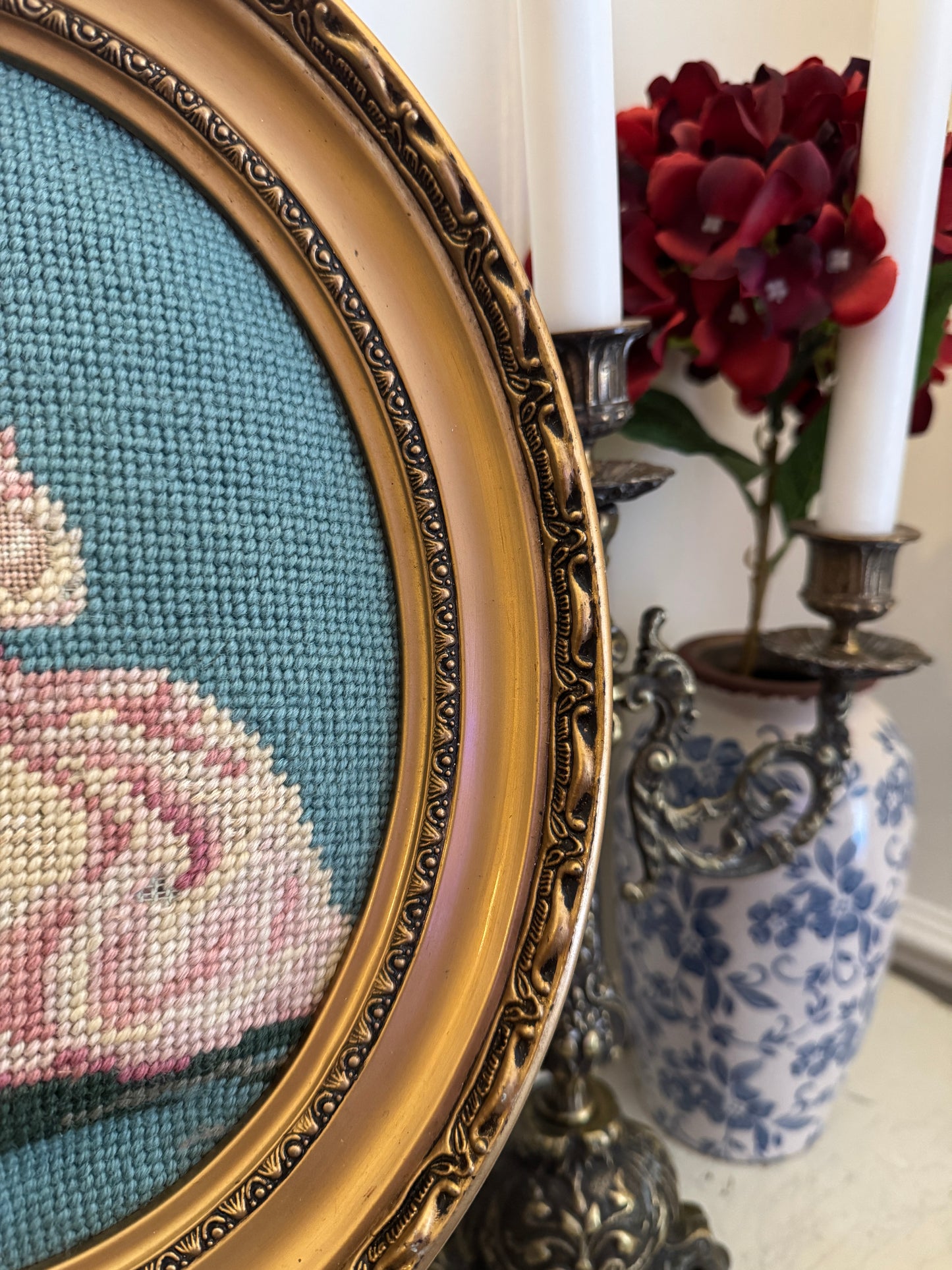 Cannes Oval Gold Resin Frame with Vintage Embroidery Artwork
