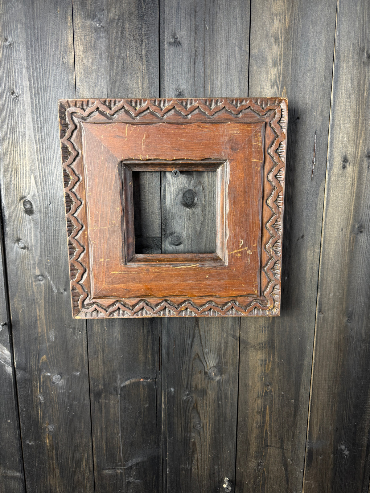 Vintage Folk Carved Wooden Frame – Rustic European Chip Carving