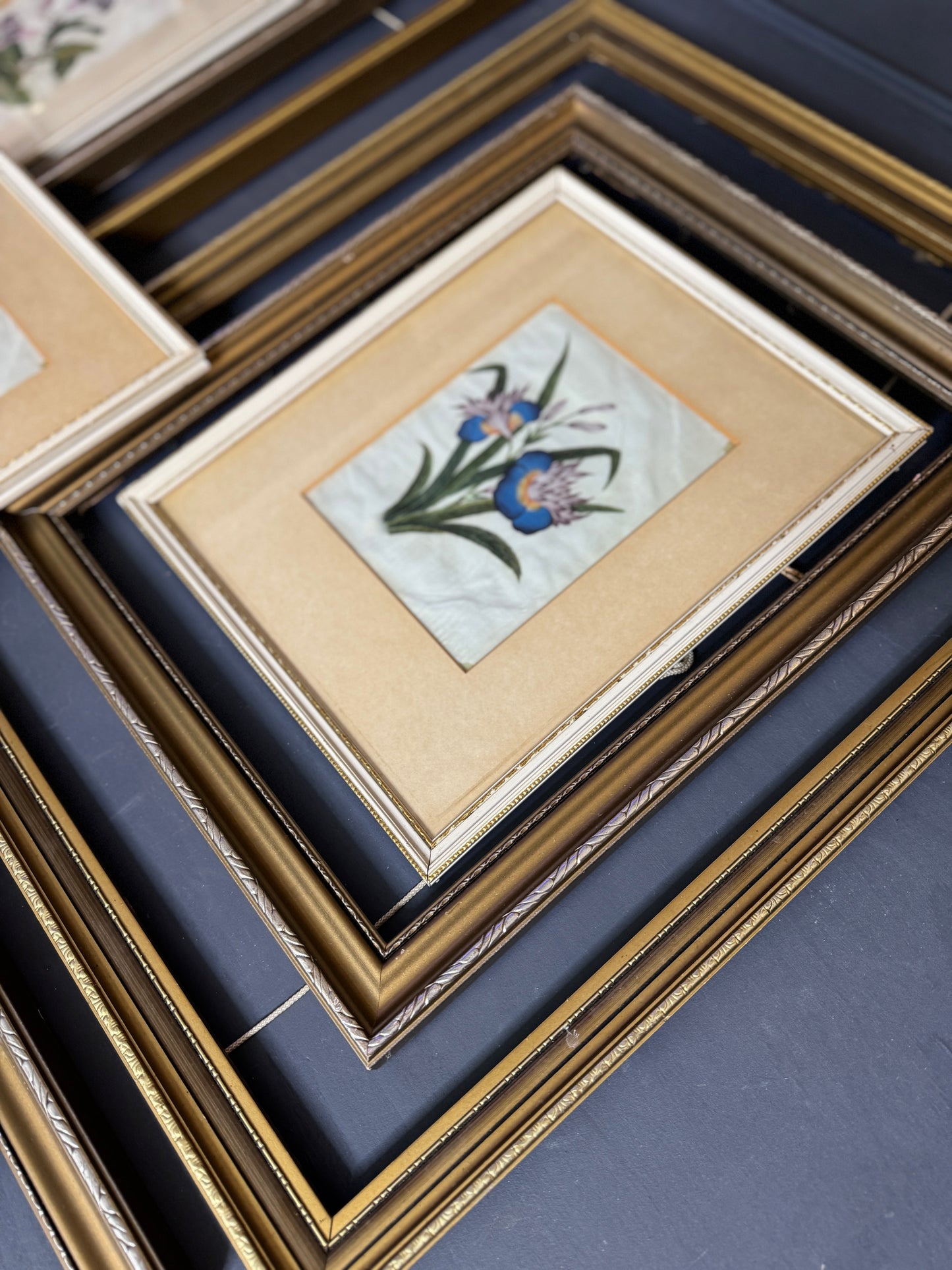 The Florentia Wall Story with Gold Gilt Frame Drop with Floral Textile Art Trio