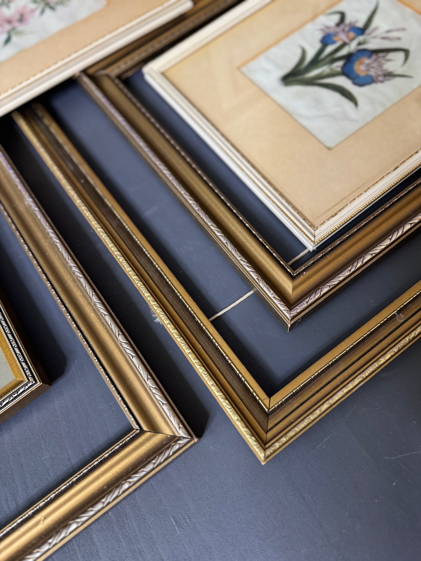 The Florentia Wall Story with Gold Gilt Frame Drop with Floral Textile Art Trio