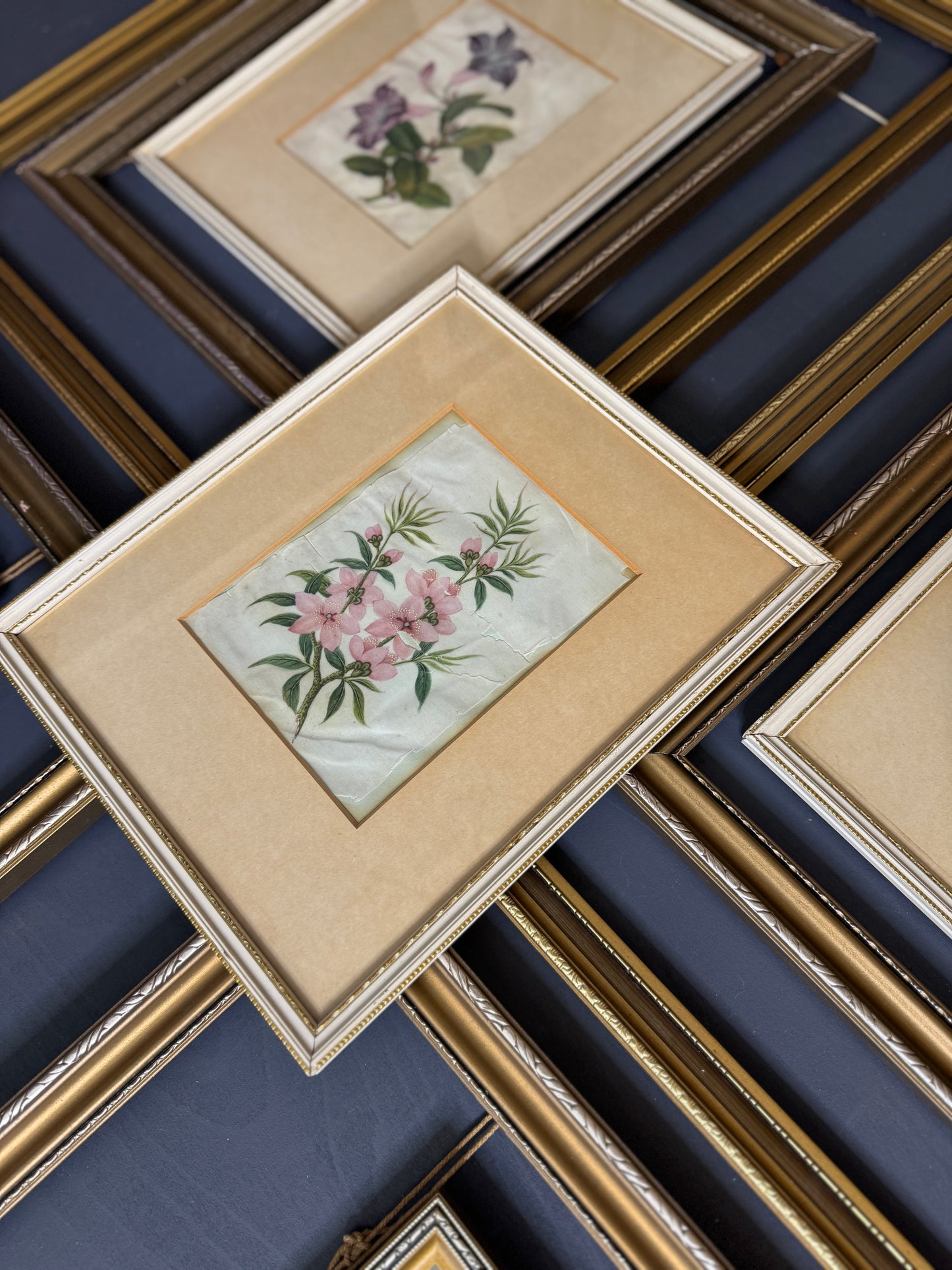 The Florentia Wall Story with Gold Gilt Frame Drop with Floral Textile Art Trio