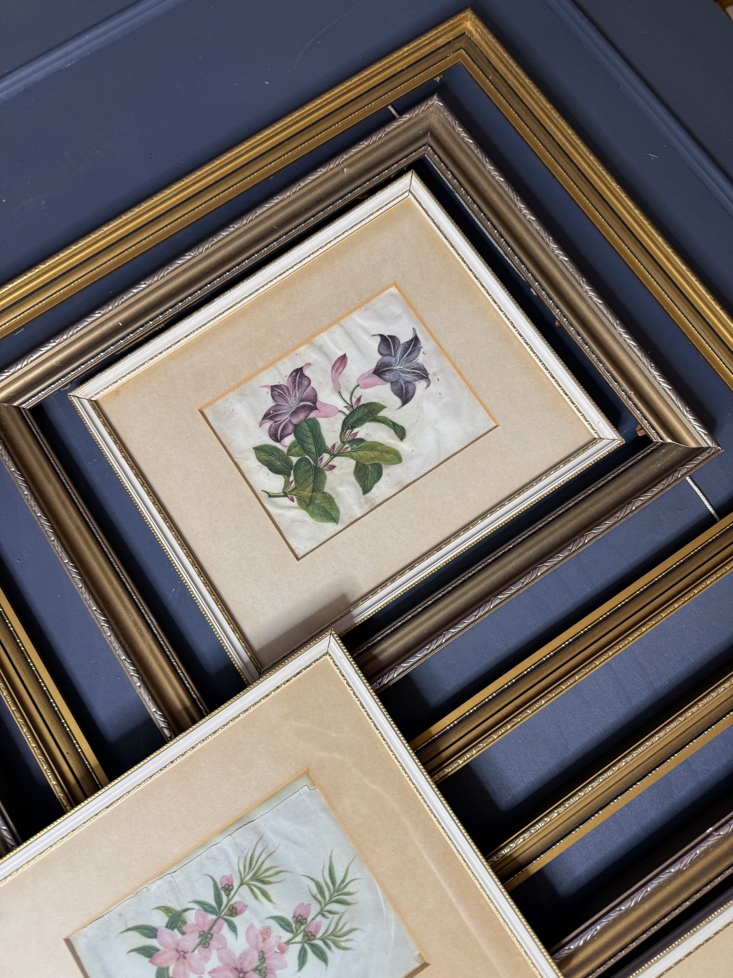 The Florentia Wall Story with Gold Gilt Frame Drop with Floral Textile Art Trio
