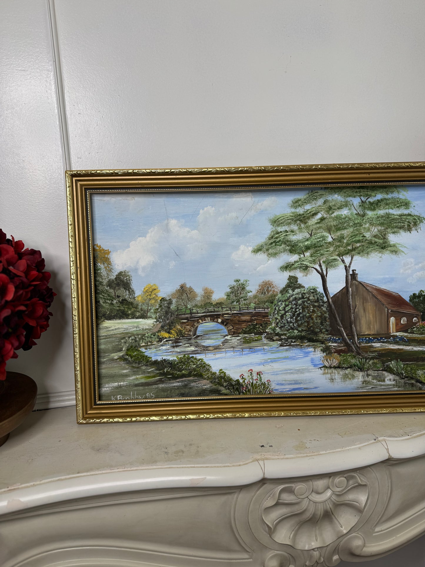 Bridge Over Blooms-1985 Signed Oil Landscape