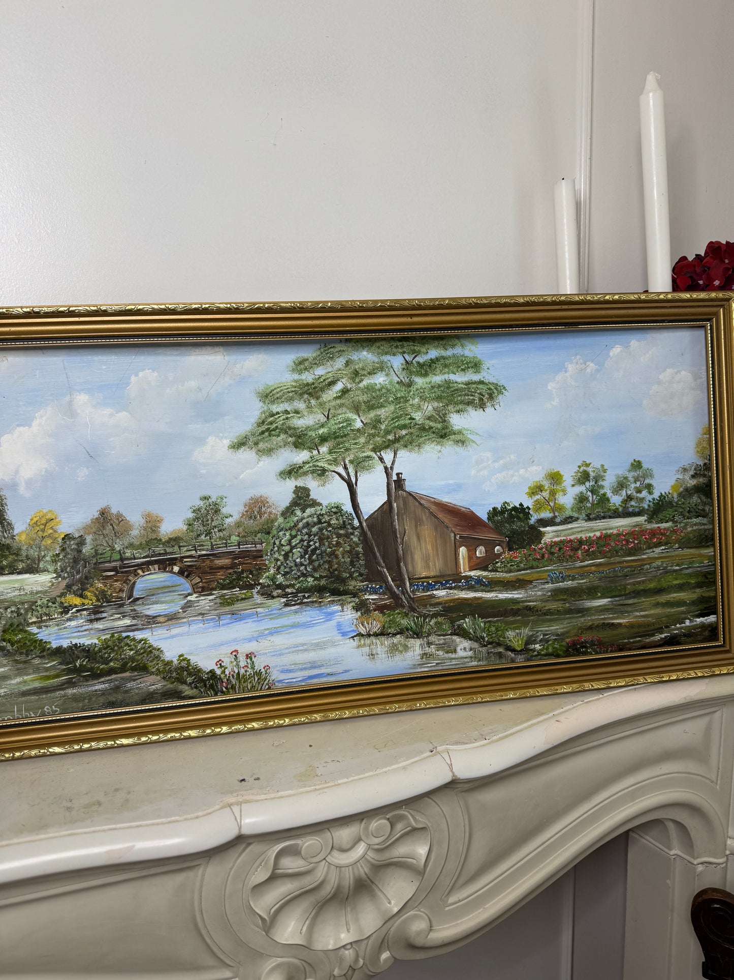 Bridge Over Blooms-1985 Signed Oil Landscape