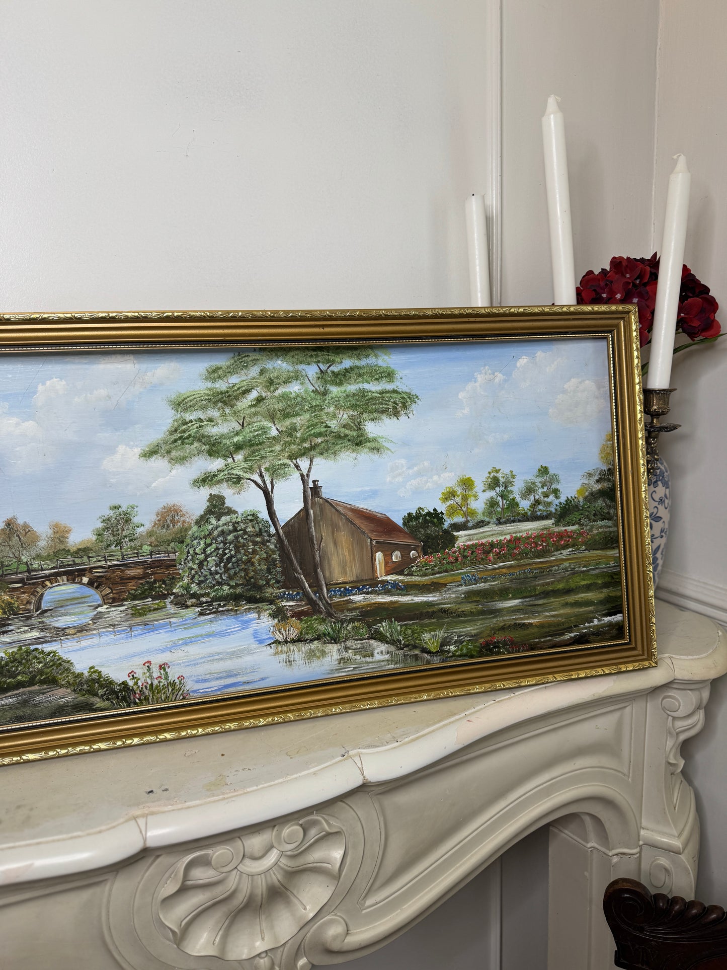 Bridge Over Blooms-1985 Signed Oil Landscape