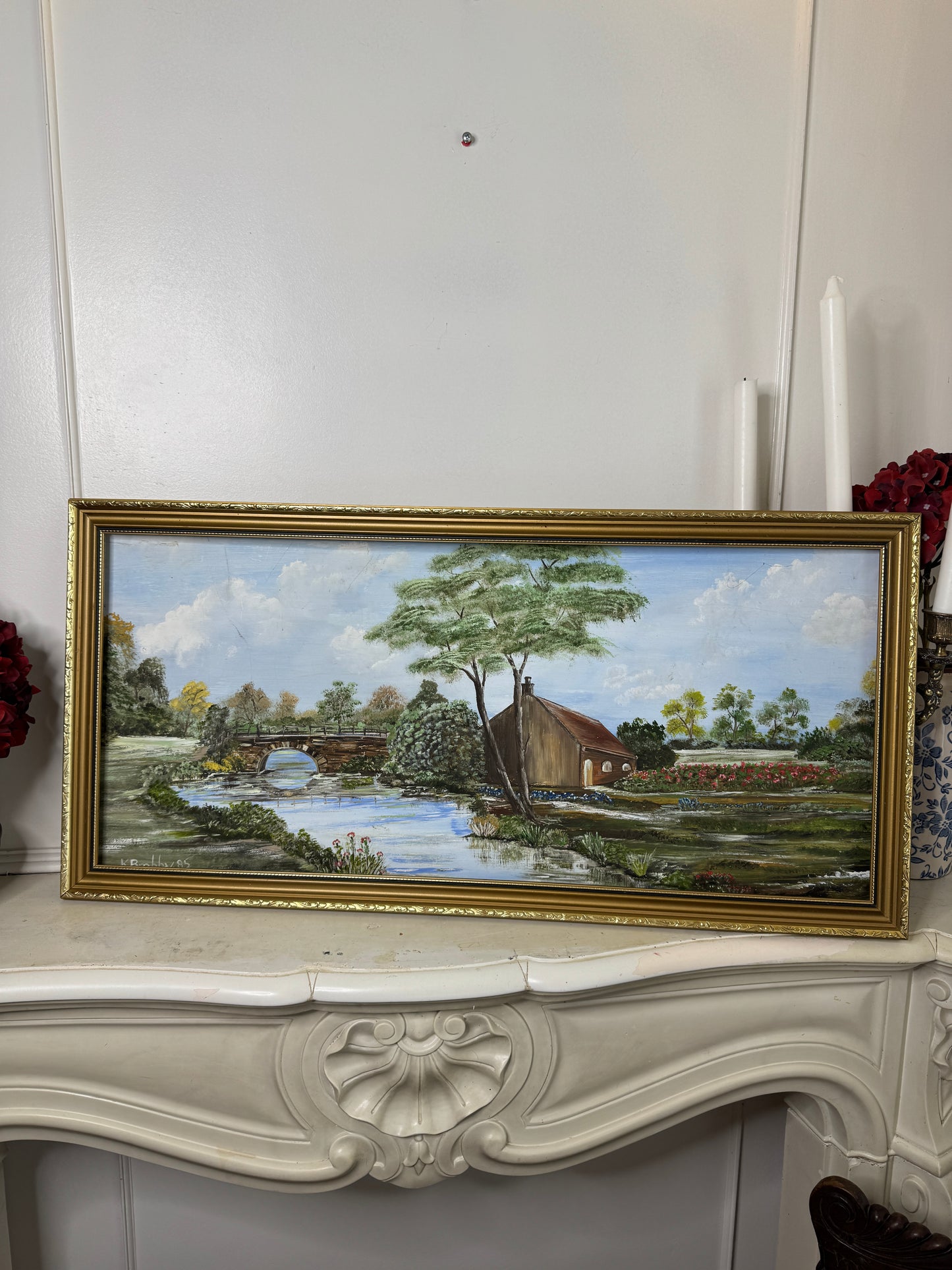 Bridge Over Blooms-1985 Signed Oil Landscape