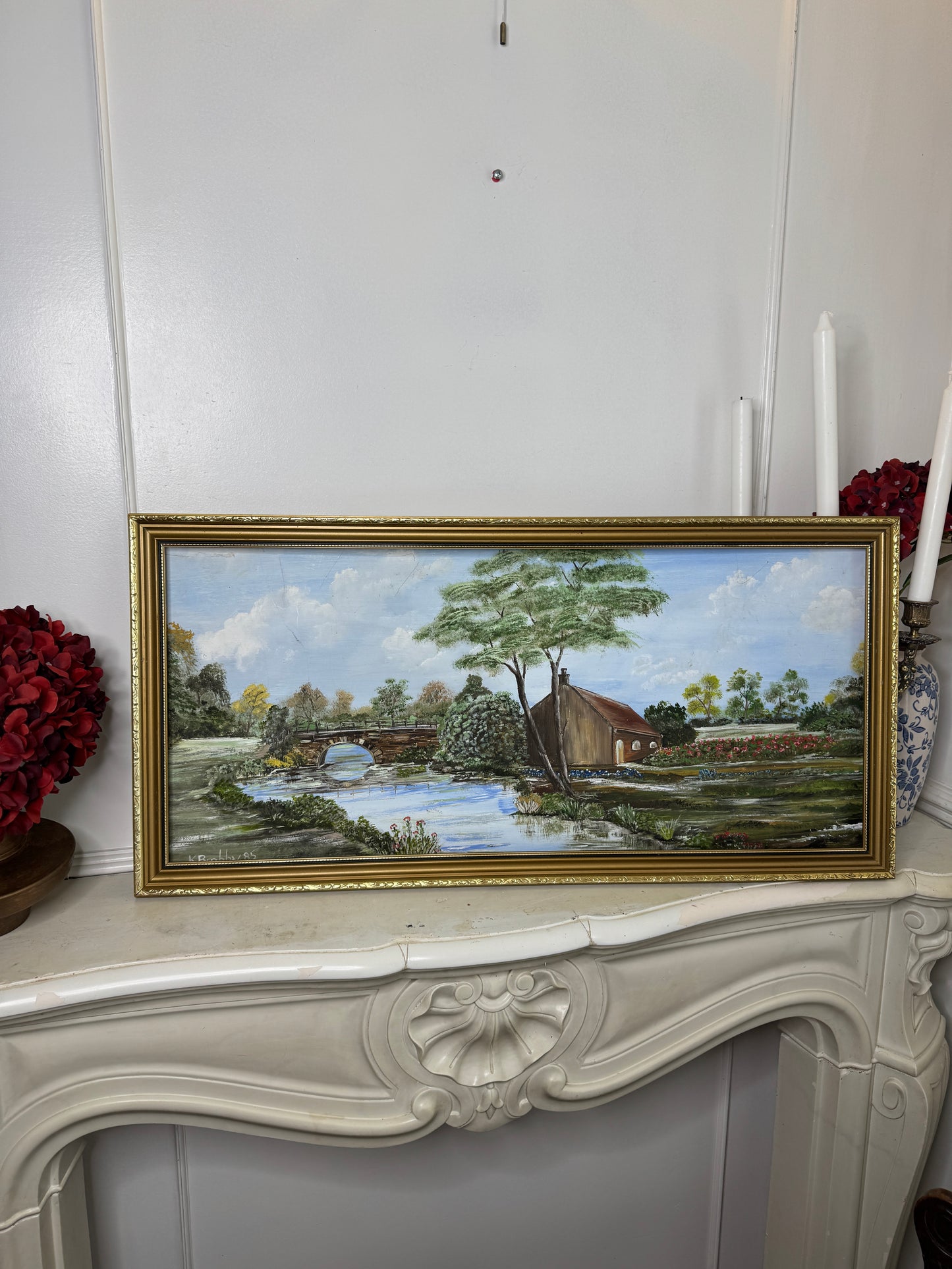 Bridge Over Blooms-1985 Signed Oil Landscape