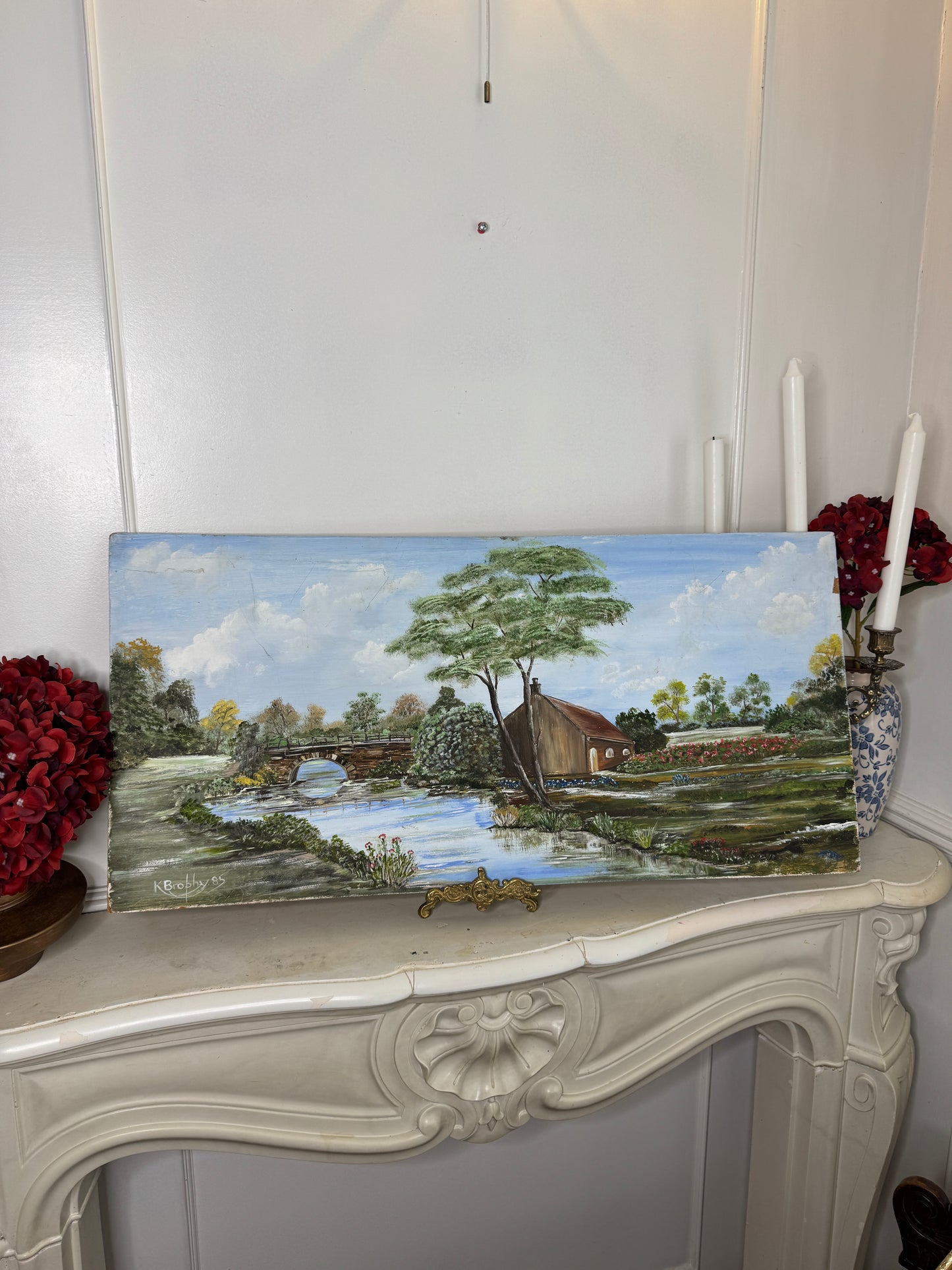 Bridge Over Blooms-1985 Signed Oil Landscape