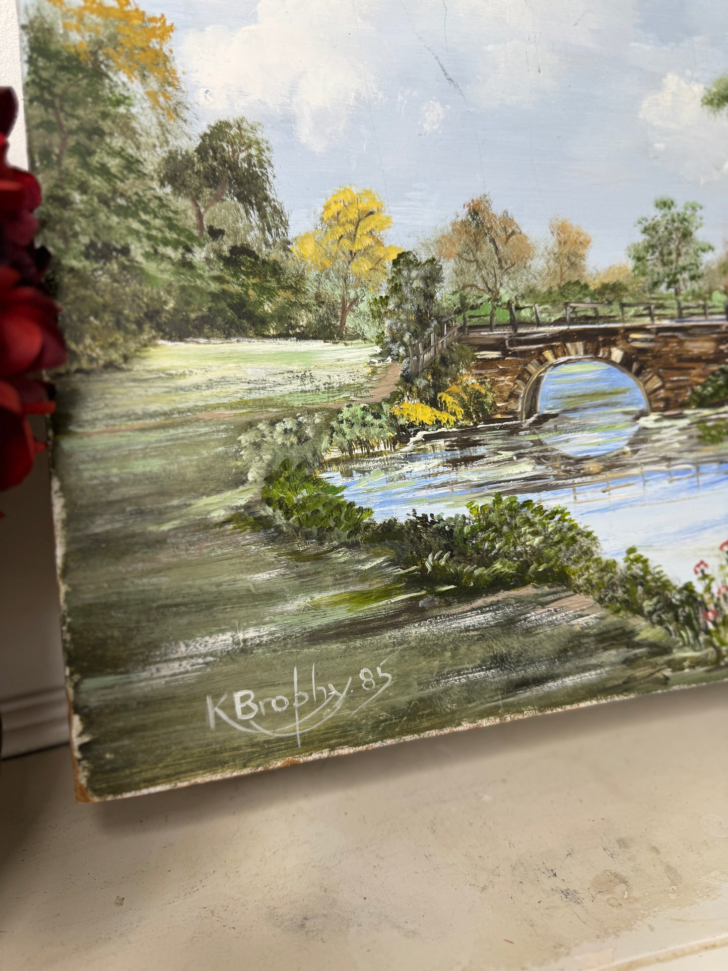 Bridge Over Blooms-1985 Signed Oil Landscape