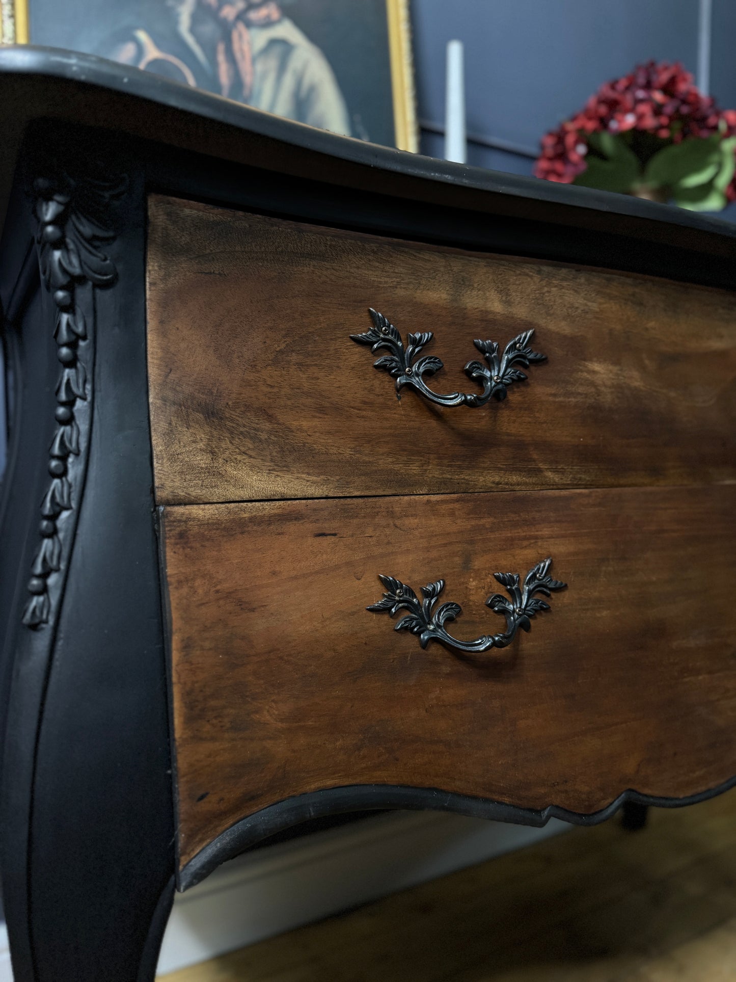 Black Noir 2 Drawer Upcycled French Chest with Real Marble Top