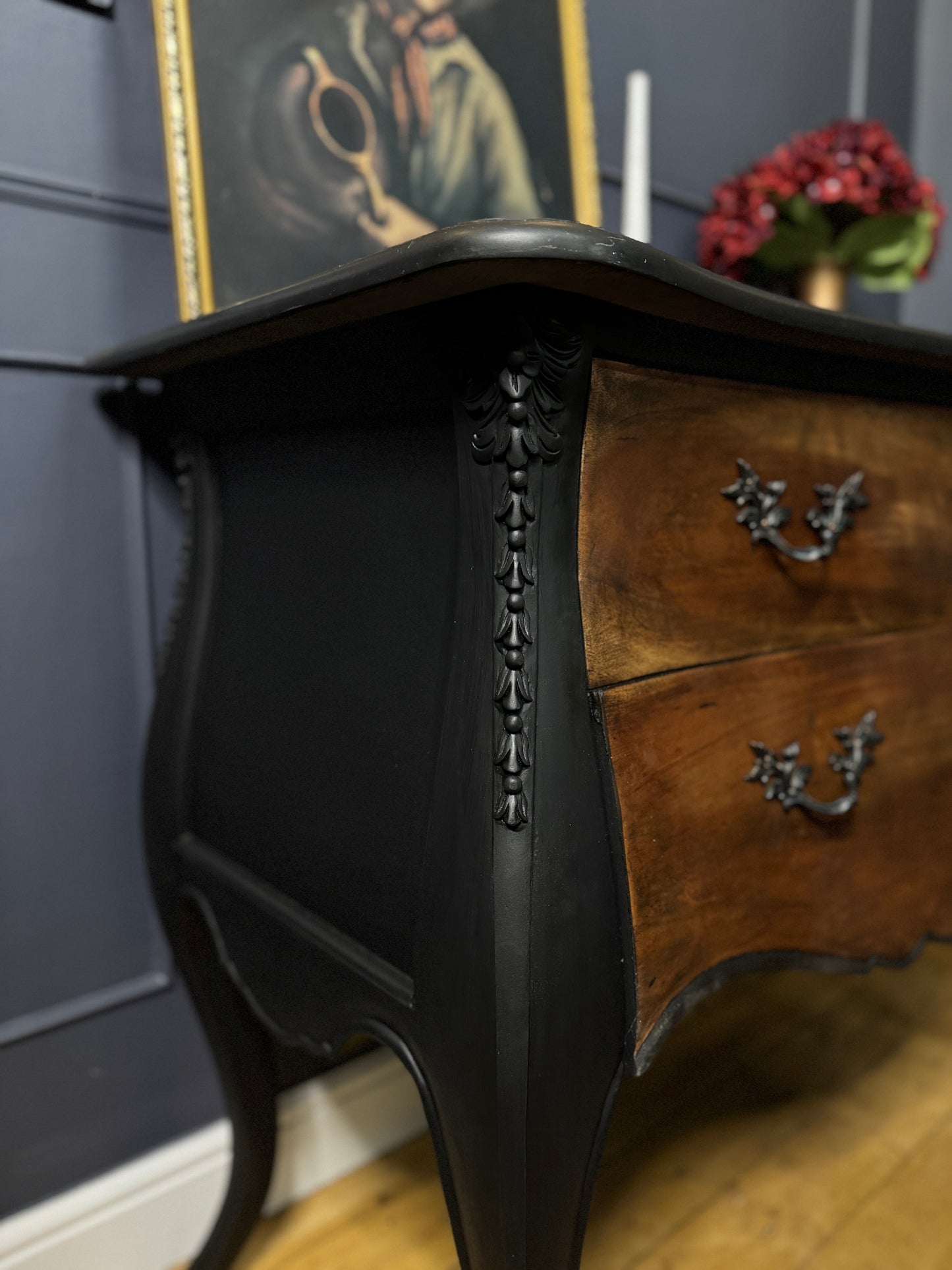 Black Noir 2 Drawer Upcycled French Chest with Real Marble Top