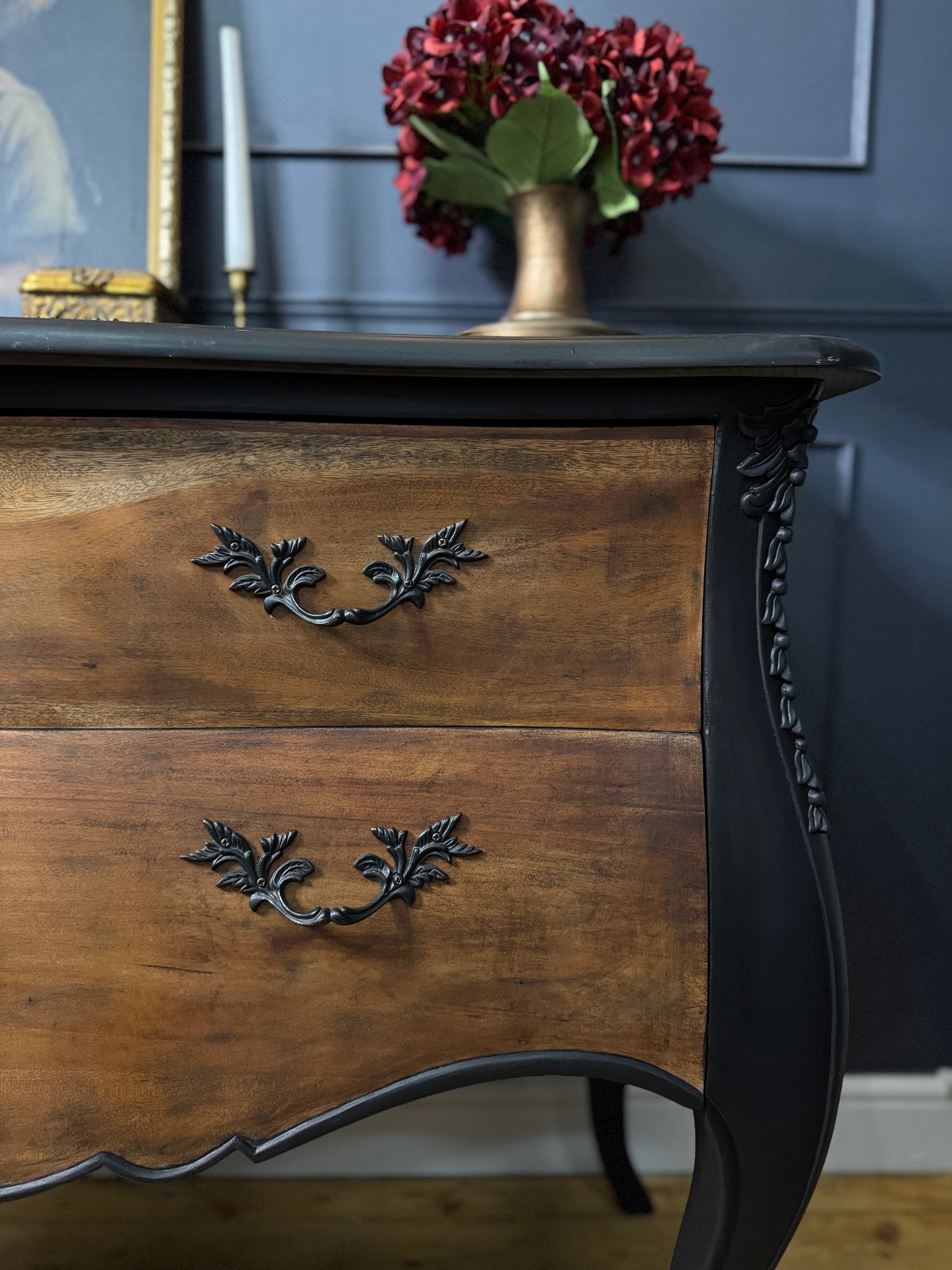 Black Noir 2 Drawer Upcycled French Chest with Real Marble Top