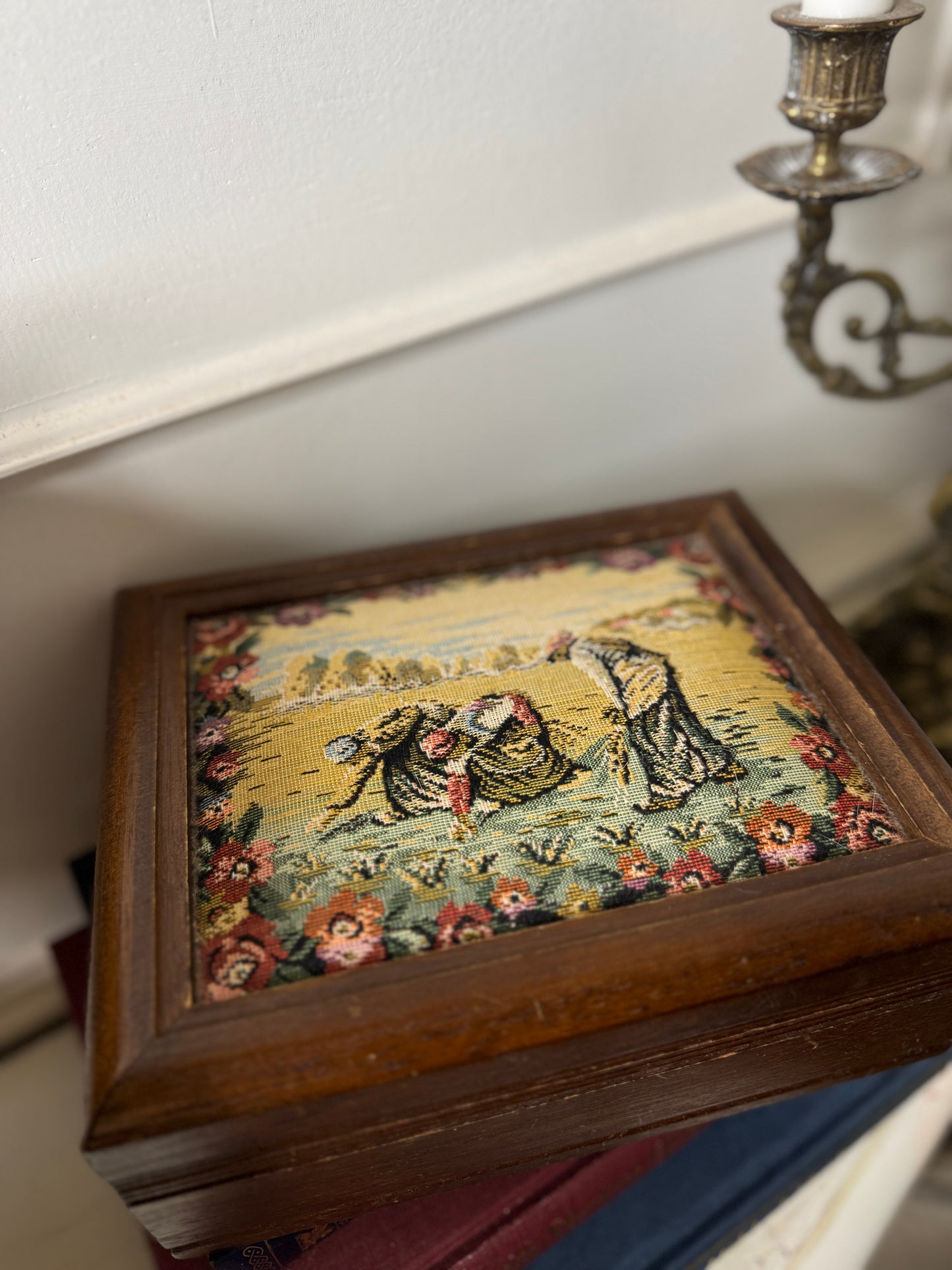 Vintage Wooden Jewellery Box with Tapestry Top