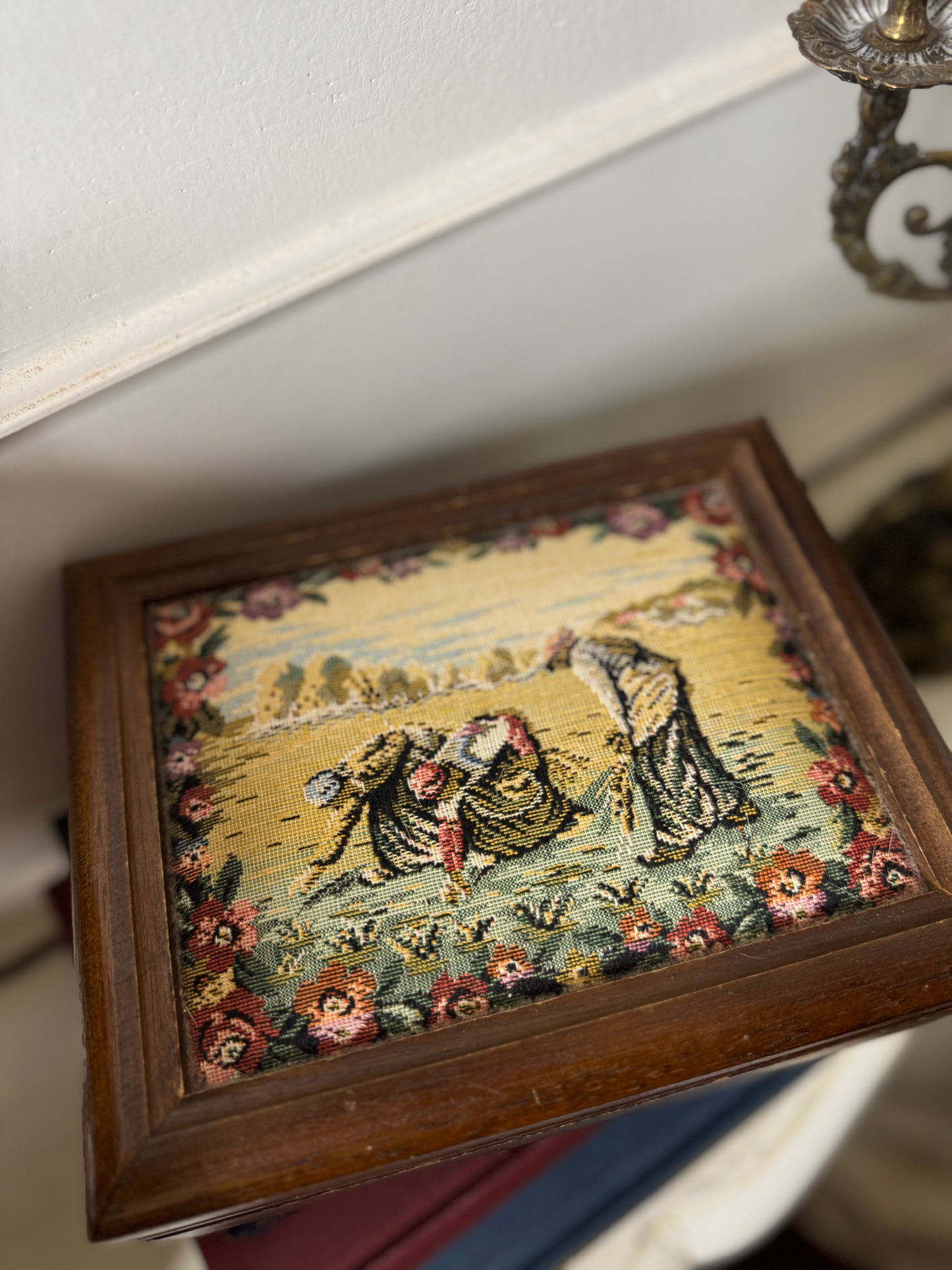 Vintage Wooden Jewellery Box with Tapestry Top