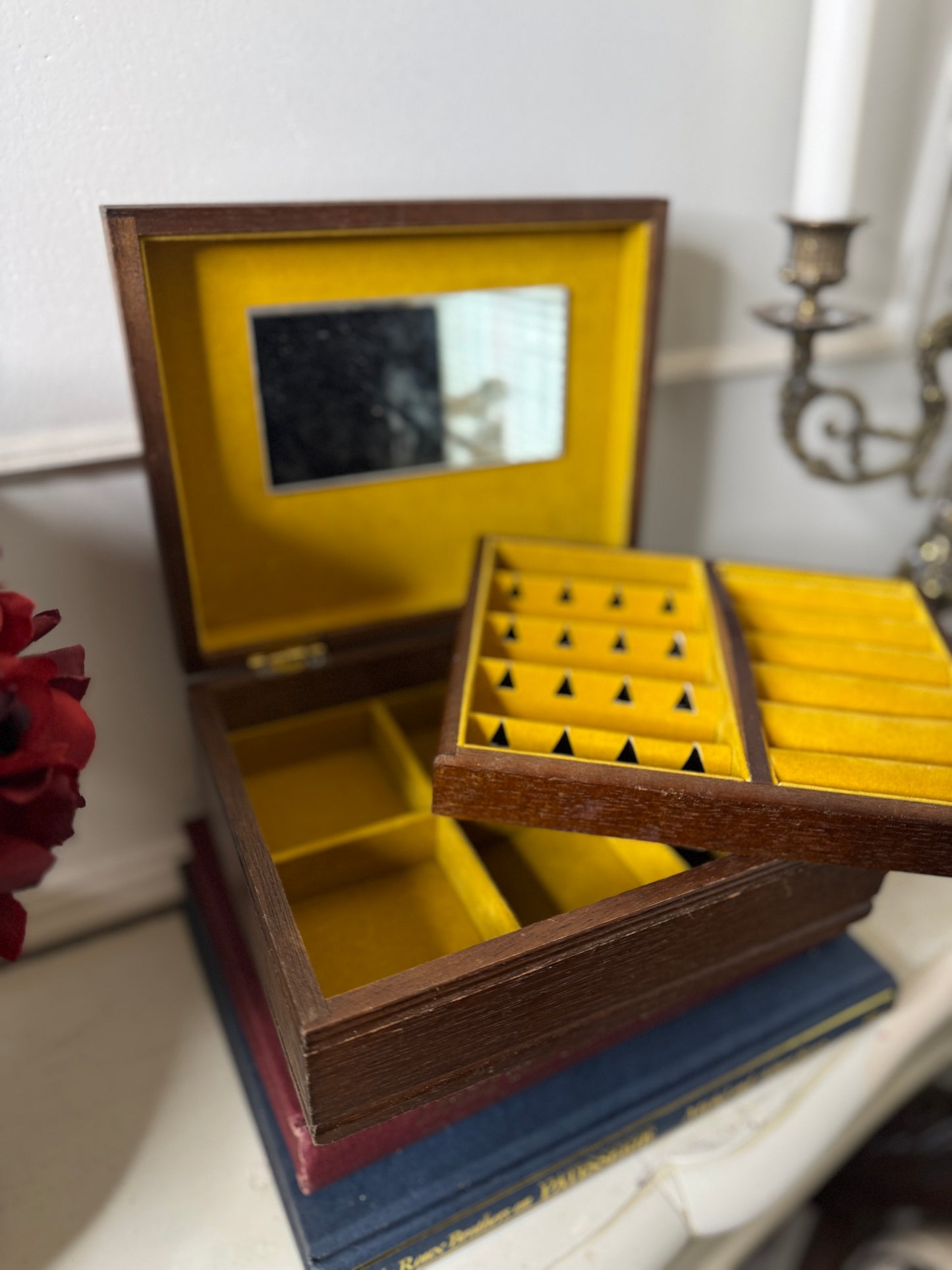 Vintage Wooden Jewellery Box with Tapestry Top