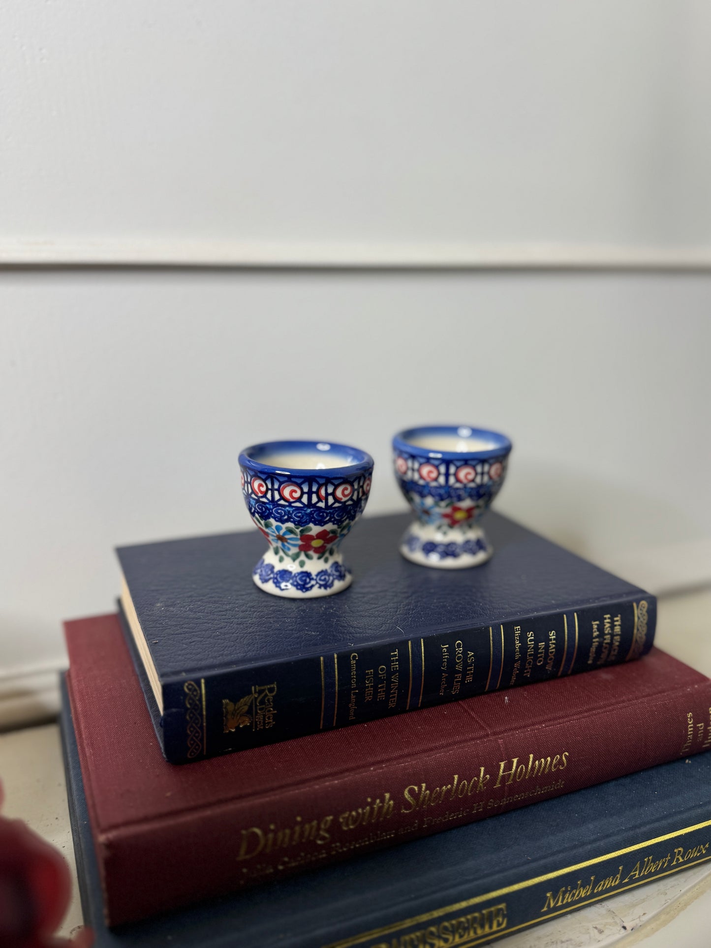 Vintage Boho Ceramic Candle Holders / Egg Cups – Folk Patterned Pair