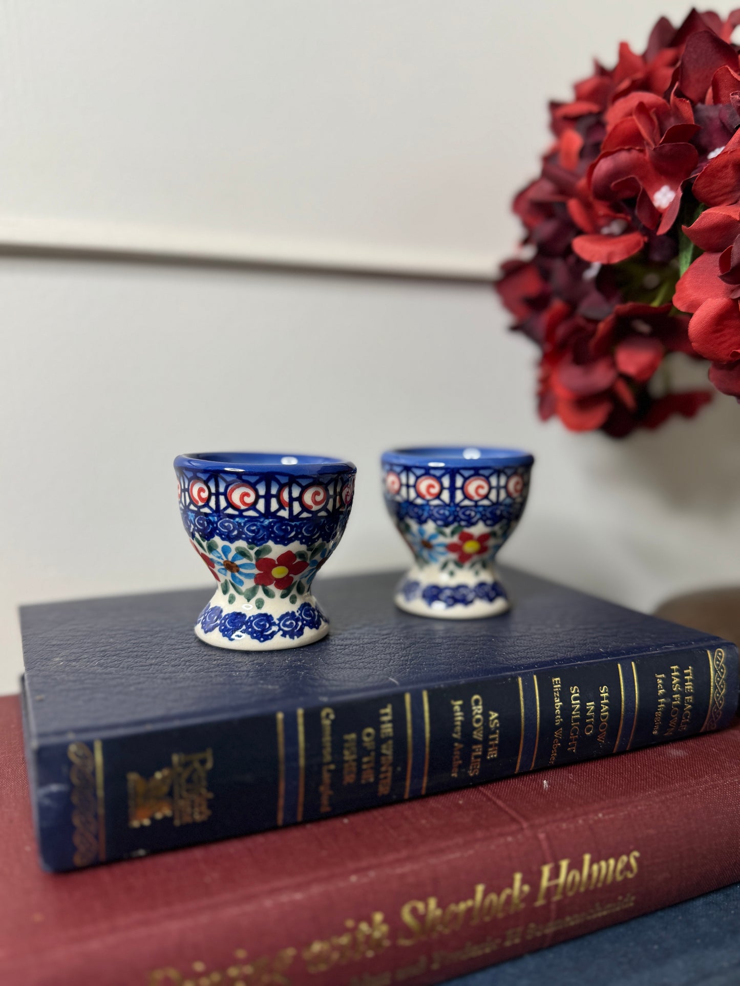 Vintage Boho Ceramic Candle Holders / Egg Cups – Folk Patterned Pair