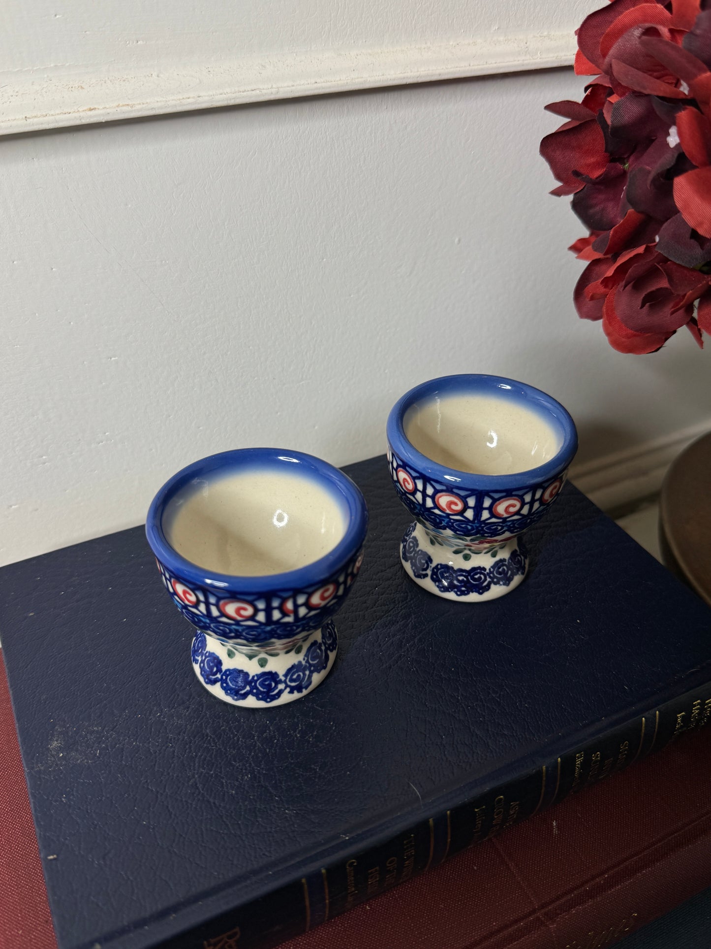 Vintage Boho Ceramic Candle Holders / Egg Cups – Folk Patterned Pair