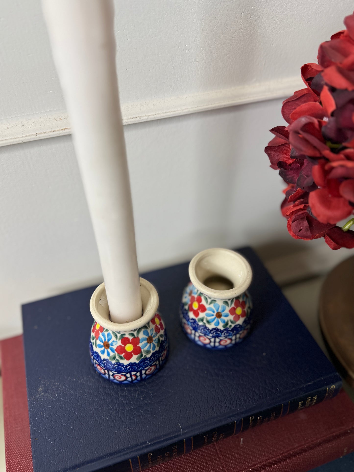 Vintage Boho Ceramic Candle Holders / Egg Cups – Folk Patterned Pair