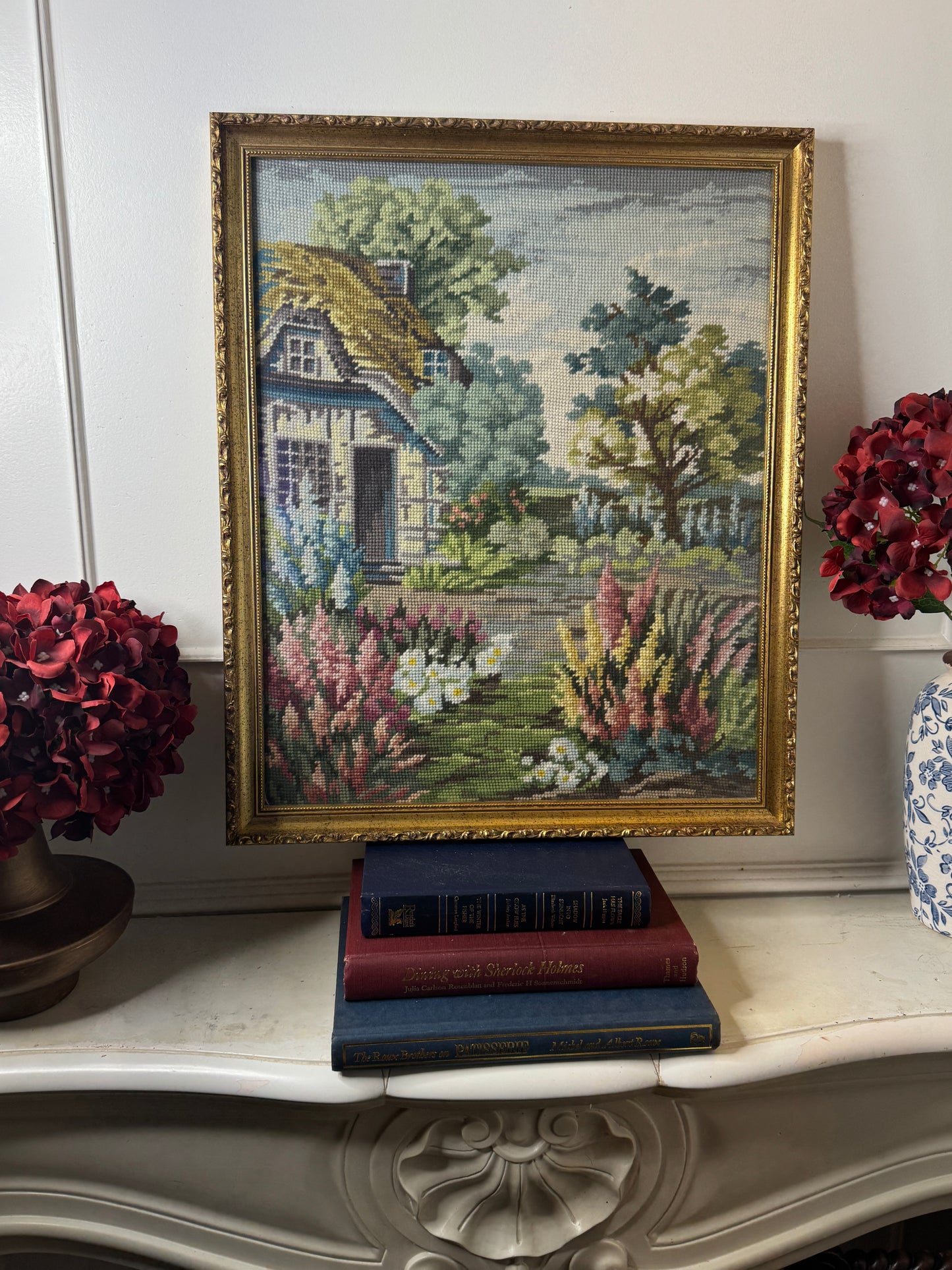 The Florentine Cottage-Hand-Stitched Floral Countryside in Gilt Frame