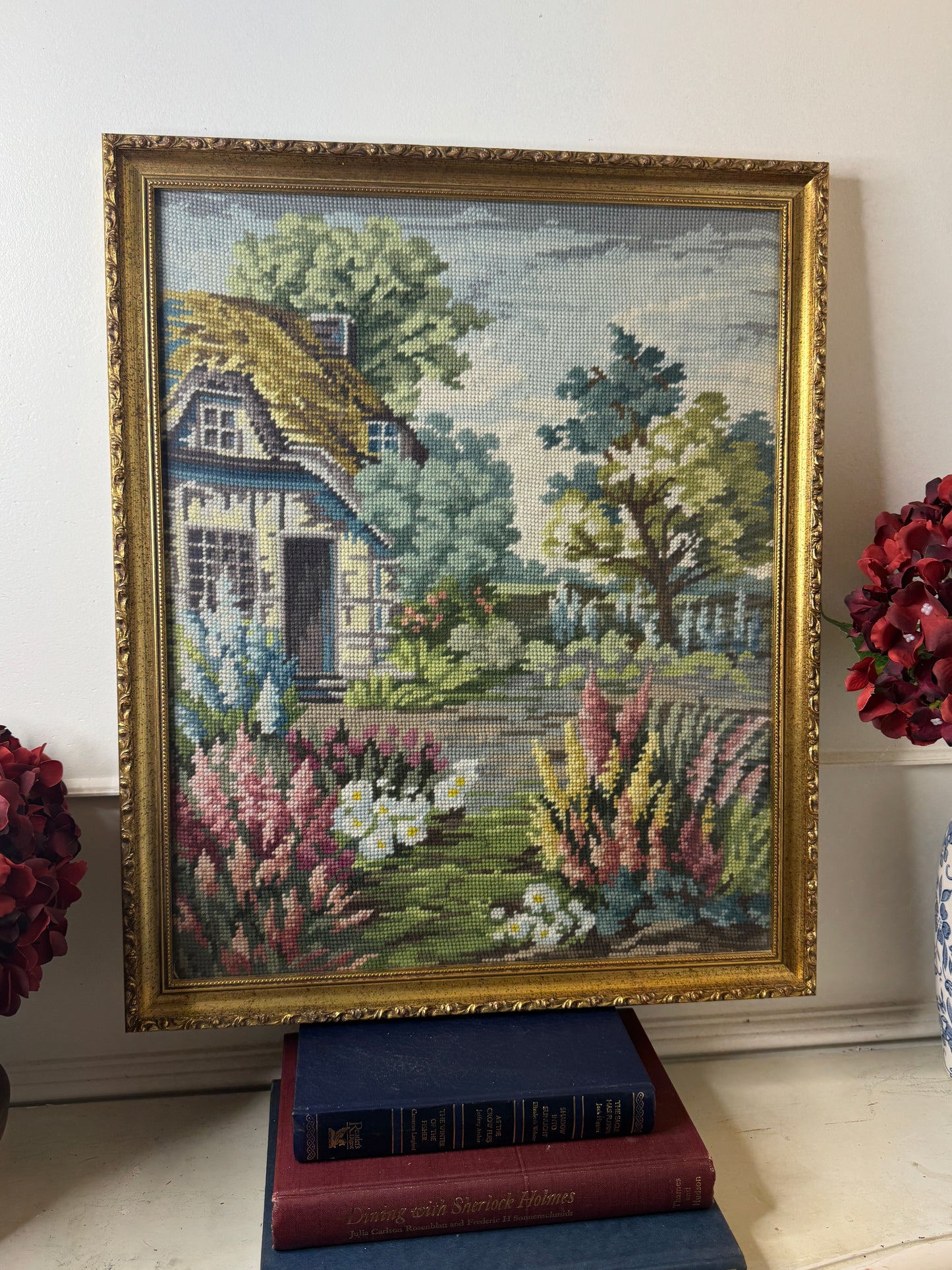 The Florentine Cottage-Hand-Stitched Floral Countryside in Gilt Frame