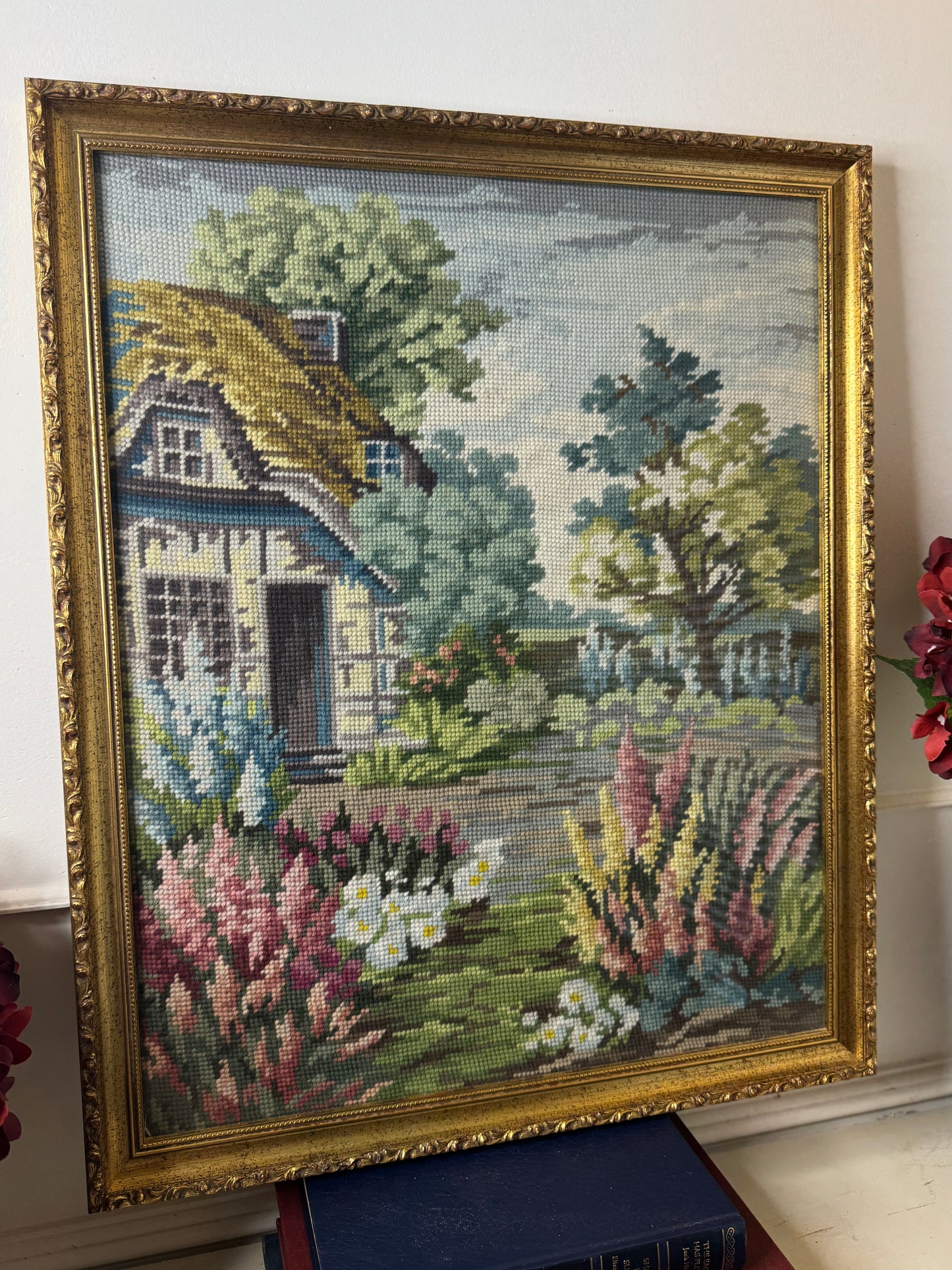 The Florentine Cottage-Hand-Stitched Floral Countryside in Gilt Frame