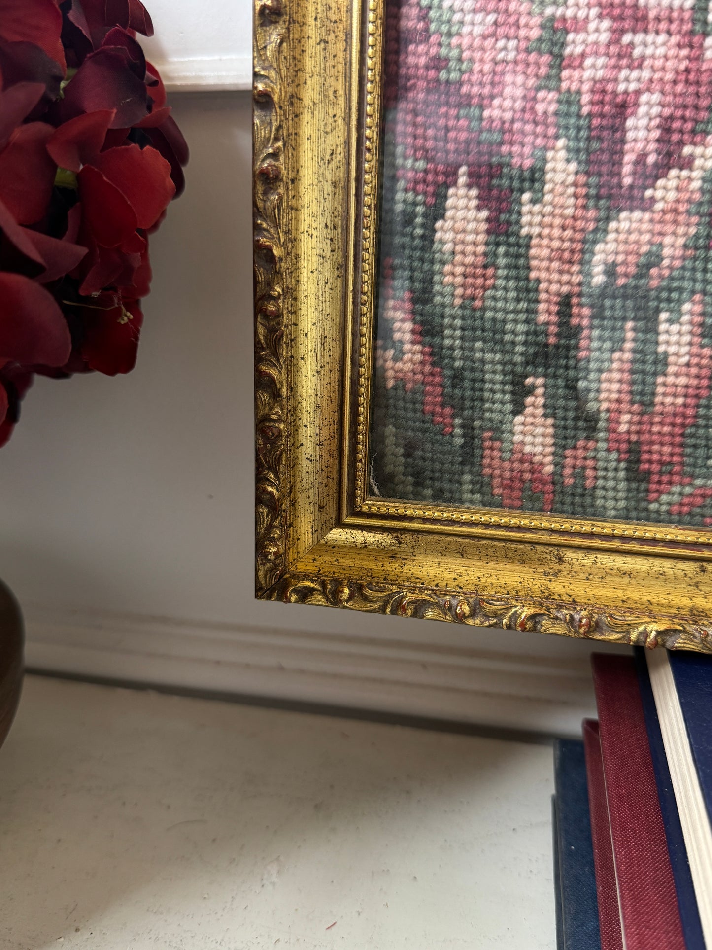 The Florentine Cottage-Hand-Stitched Floral Countryside in Gilt Frame