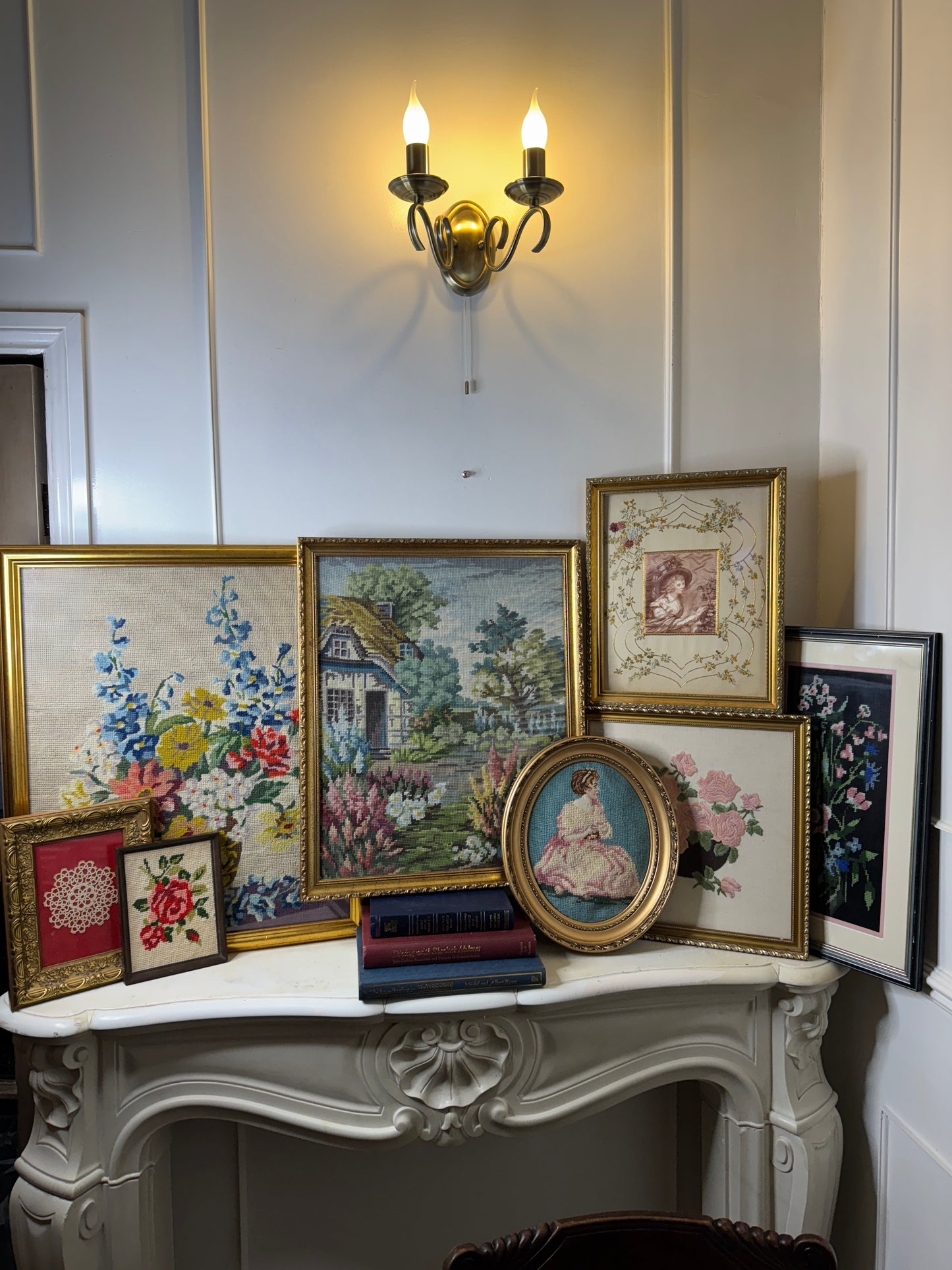 The Florentine Cottage-Hand-Stitched Floral Countryside in Gilt Frame