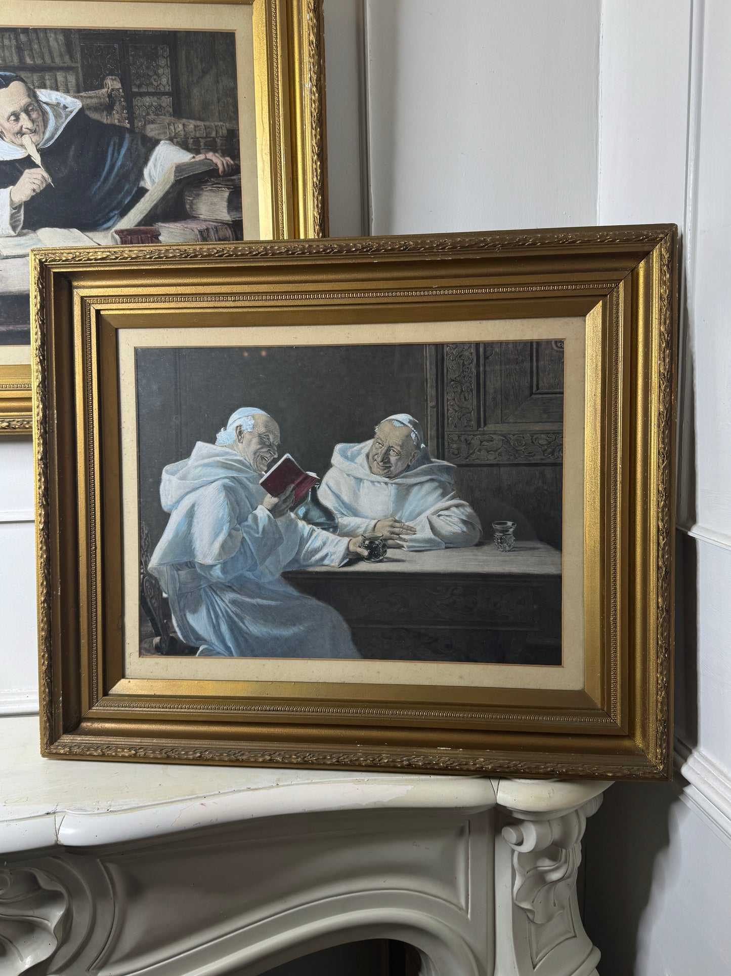 Antique Print Pair in Gold Gilt Antique Frame