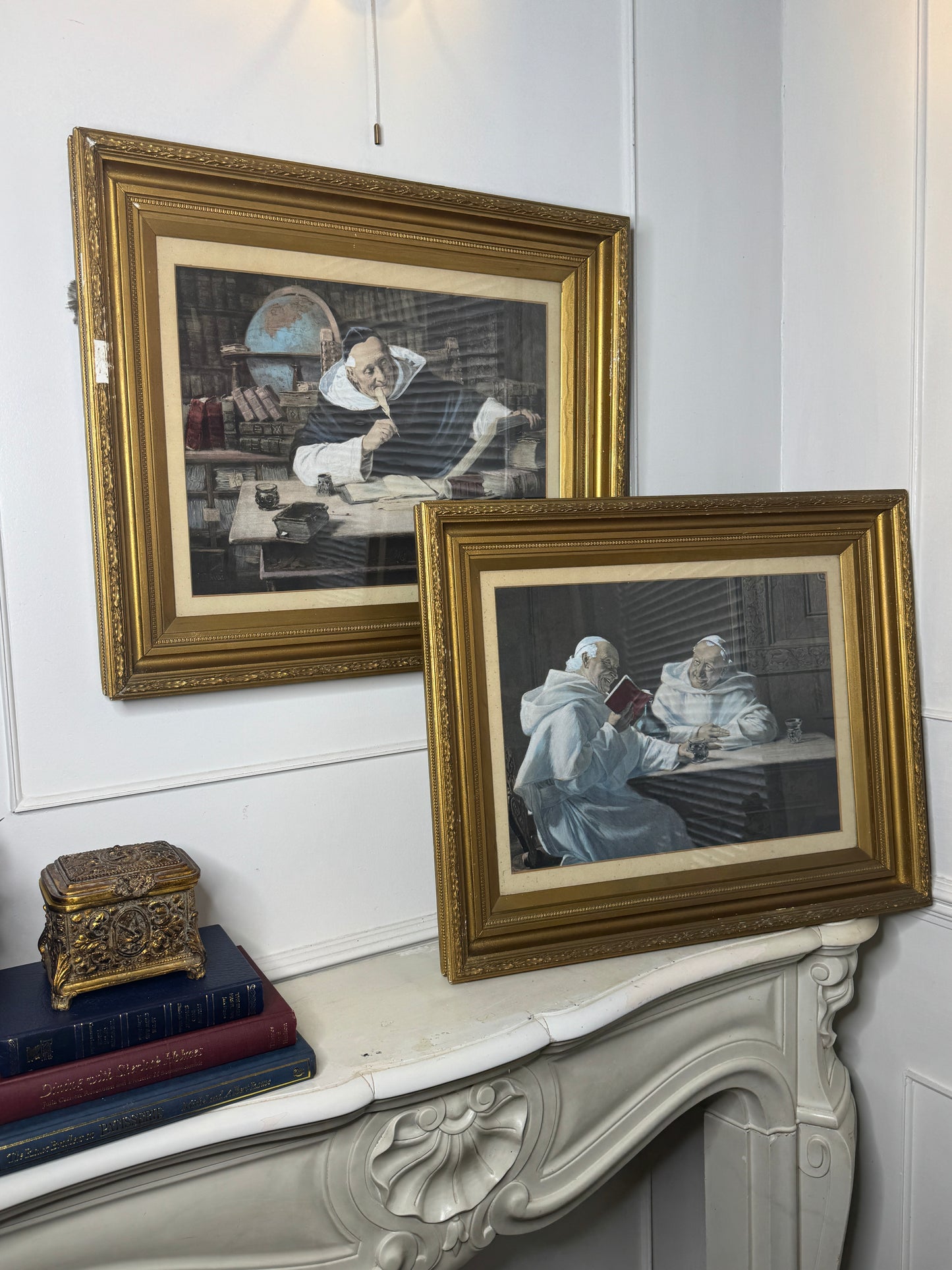 Antique Print Pair in Gold Gilt Antique Frame