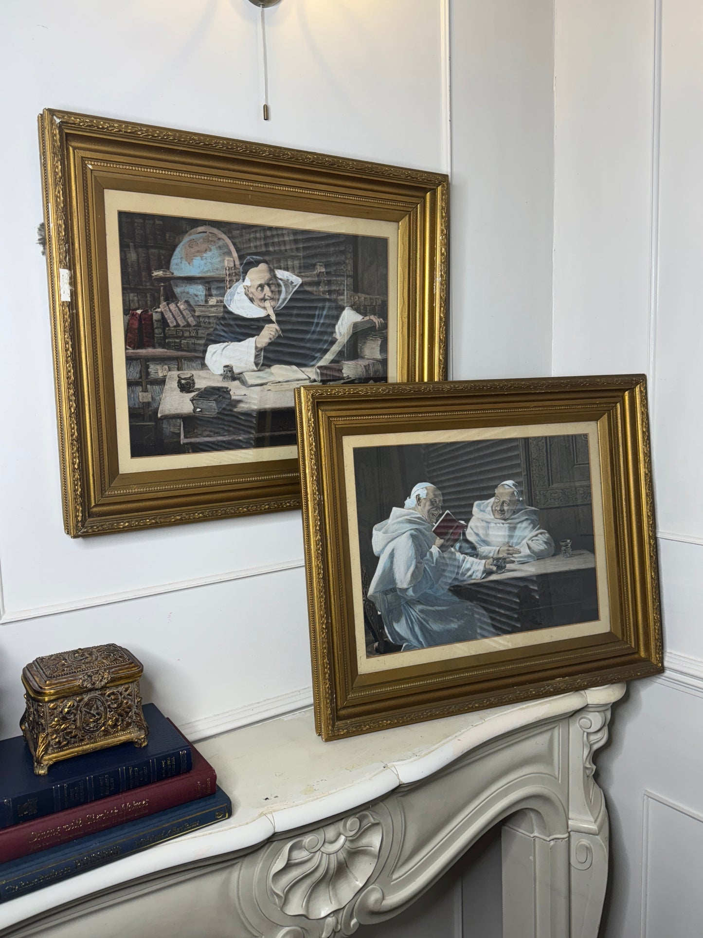 Antique Print Pair in Gold Gilt Antique Frame