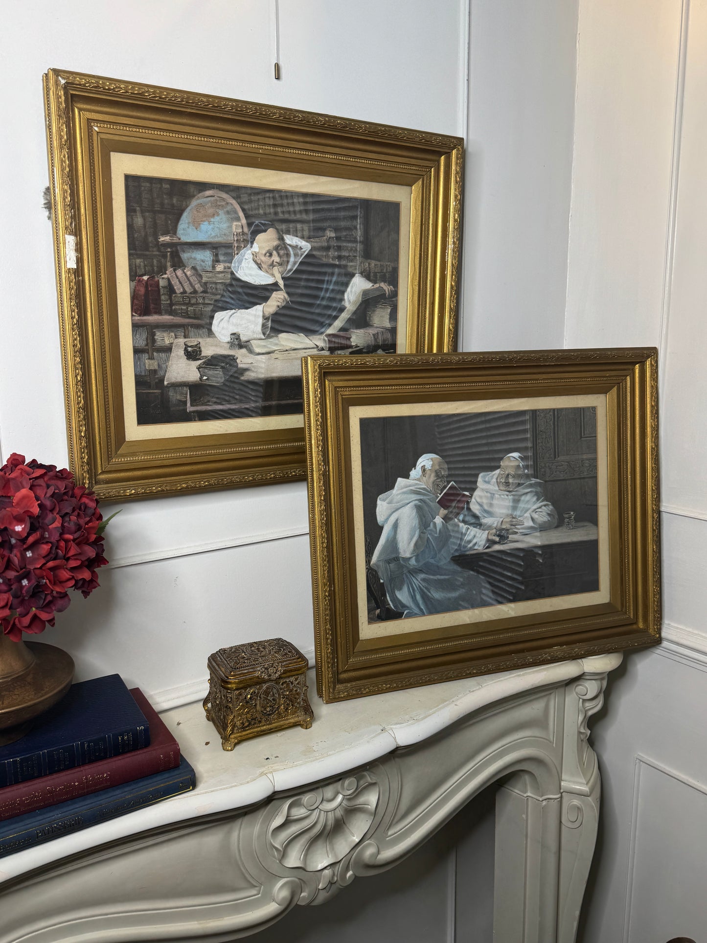 Antique Print Pair in Gold Gilt Antique Frame