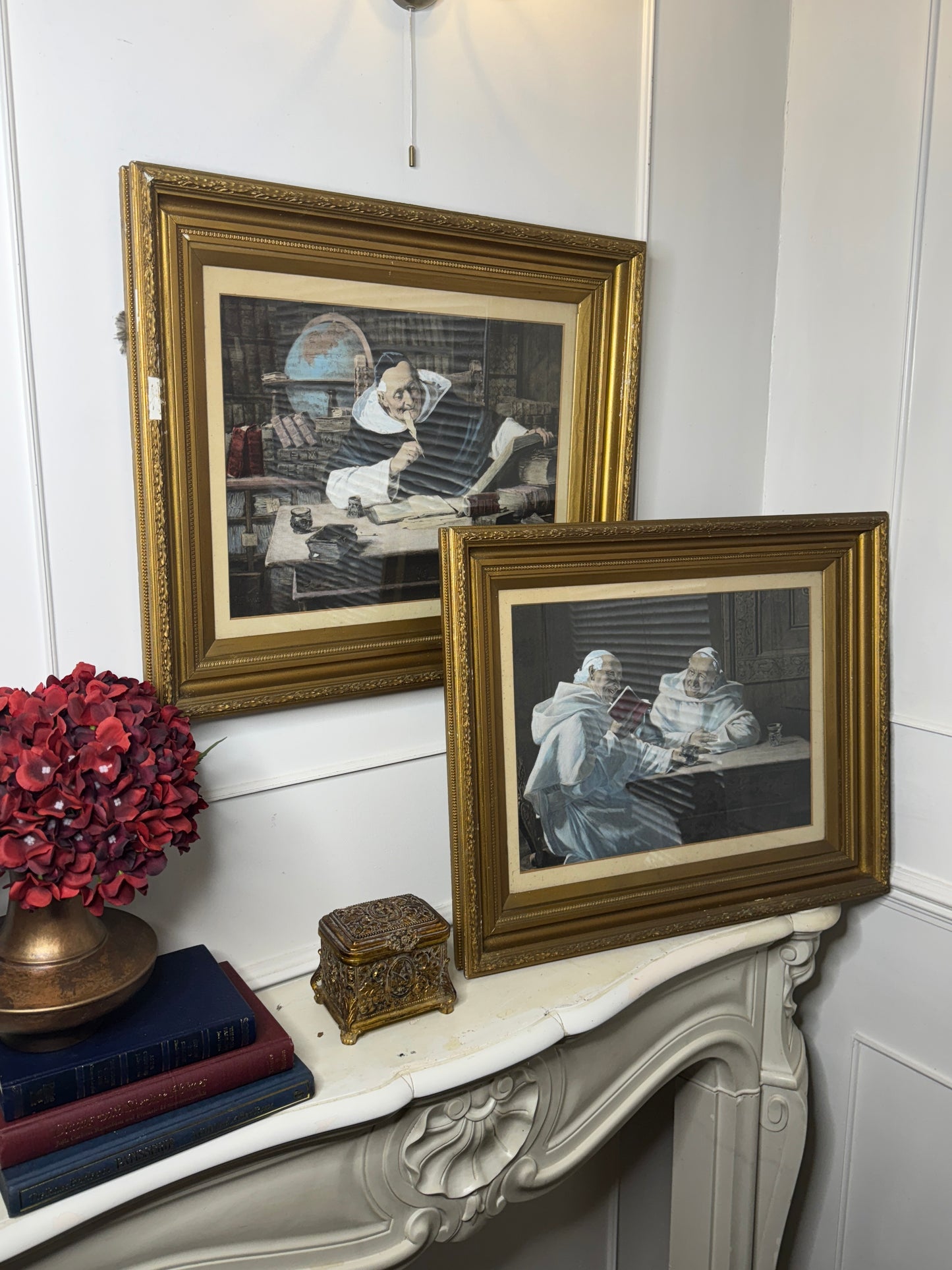 Antique Print Pair in Gold Gilt Antique Frame