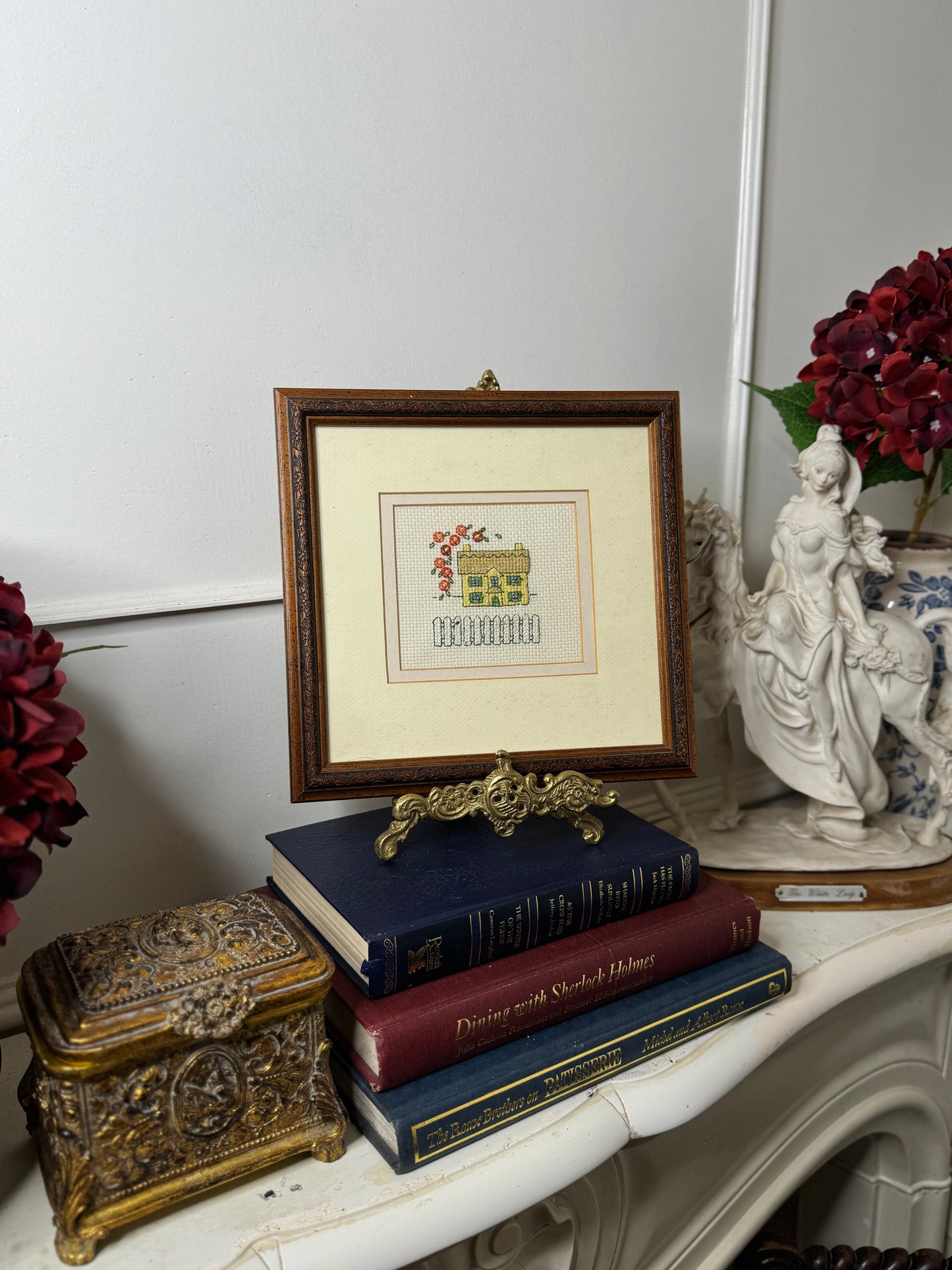 Meadow View Cottage – Vintage Embroidery Art in Carved Wood Frame