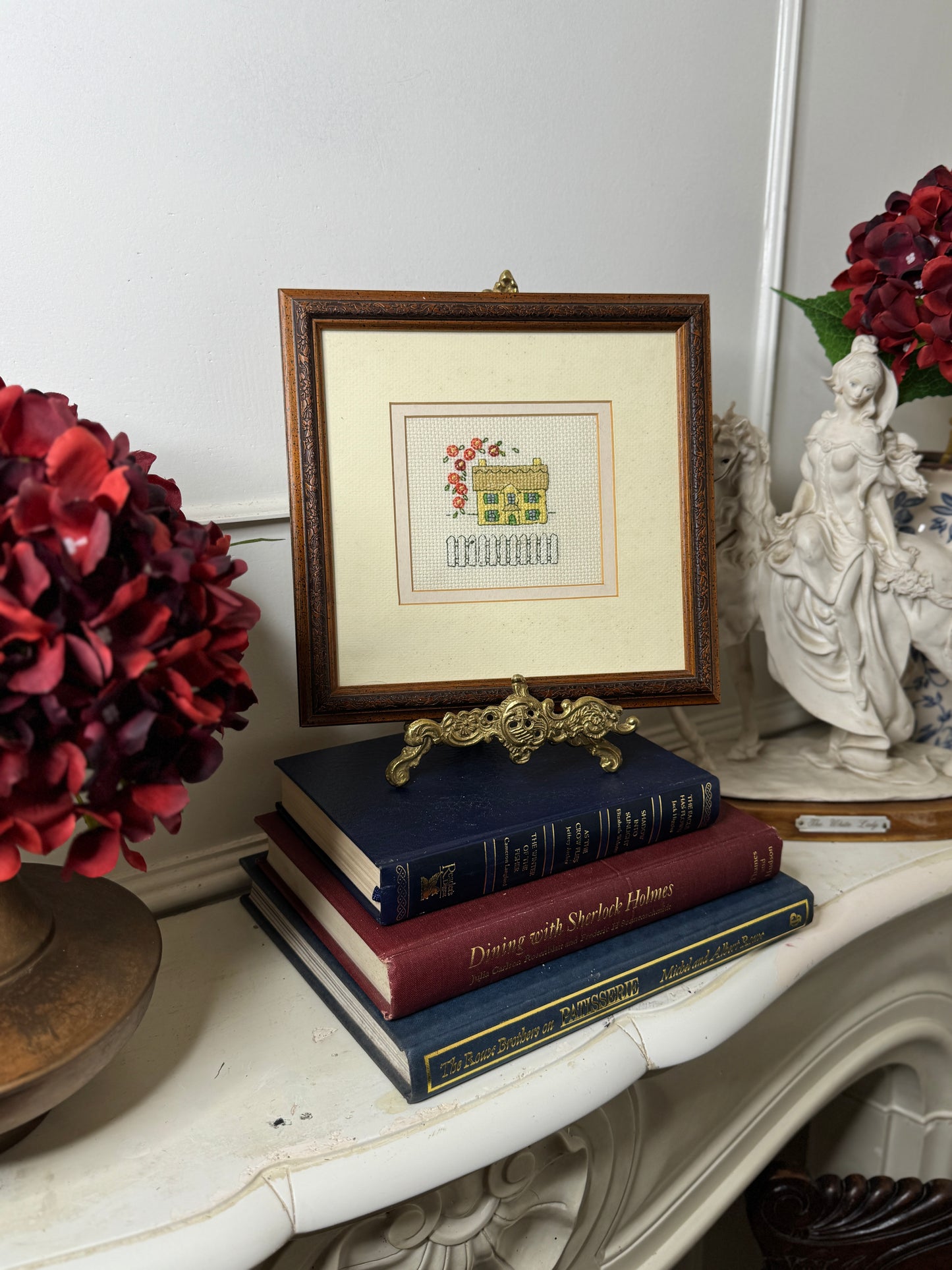 Meadow View Cottage – Vintage Embroidery Art in Carved Wood Frame